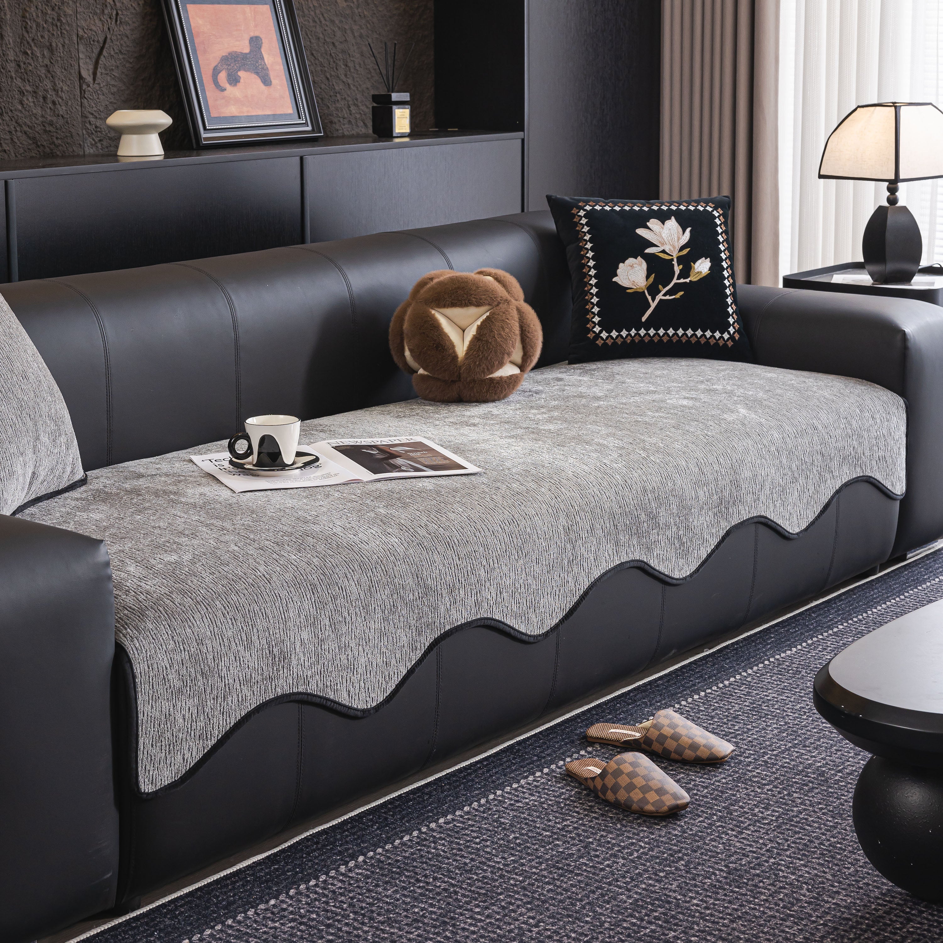 Chenille Couch Cover With Scalloped Edge, Non-slip Modular Slipcover Sectional
