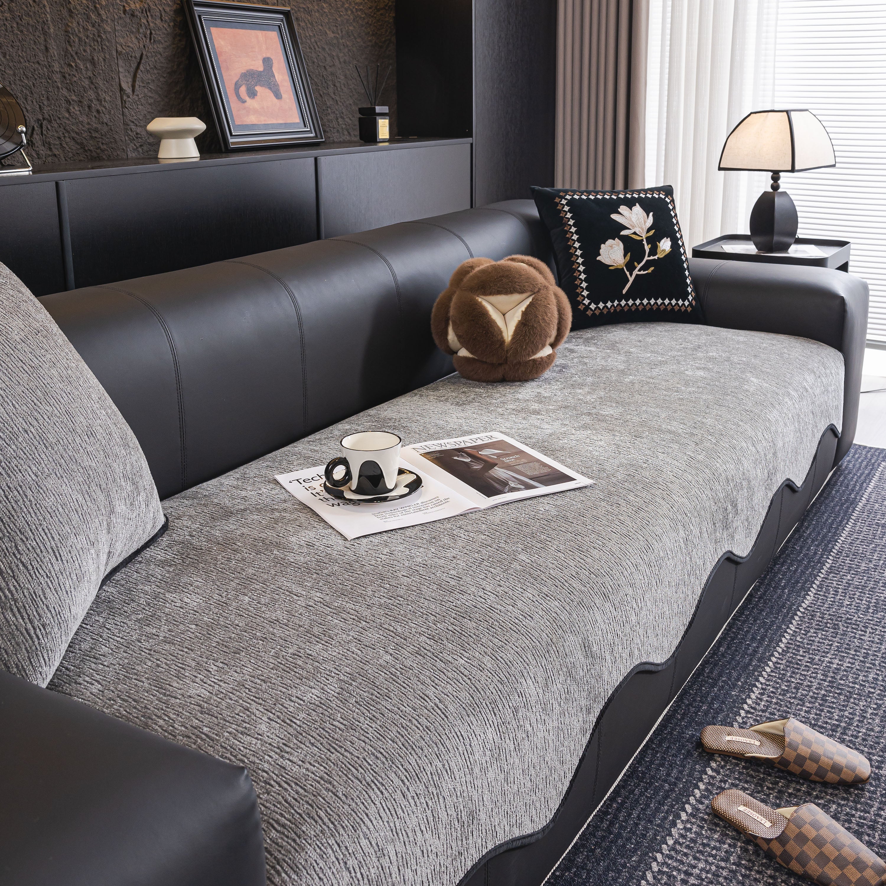Chenille Couch Cover With Scalloped Edge, Non-slip Modular Slipcover Sectional