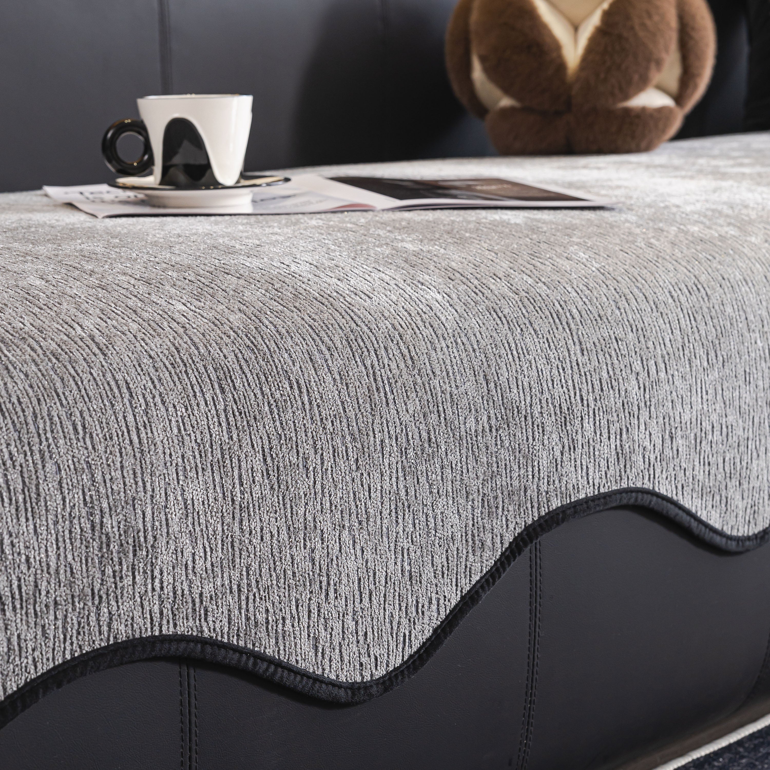 Chenille Couch Cover With Scalloped Edge, Non-slip Modular Slipcover Sectional