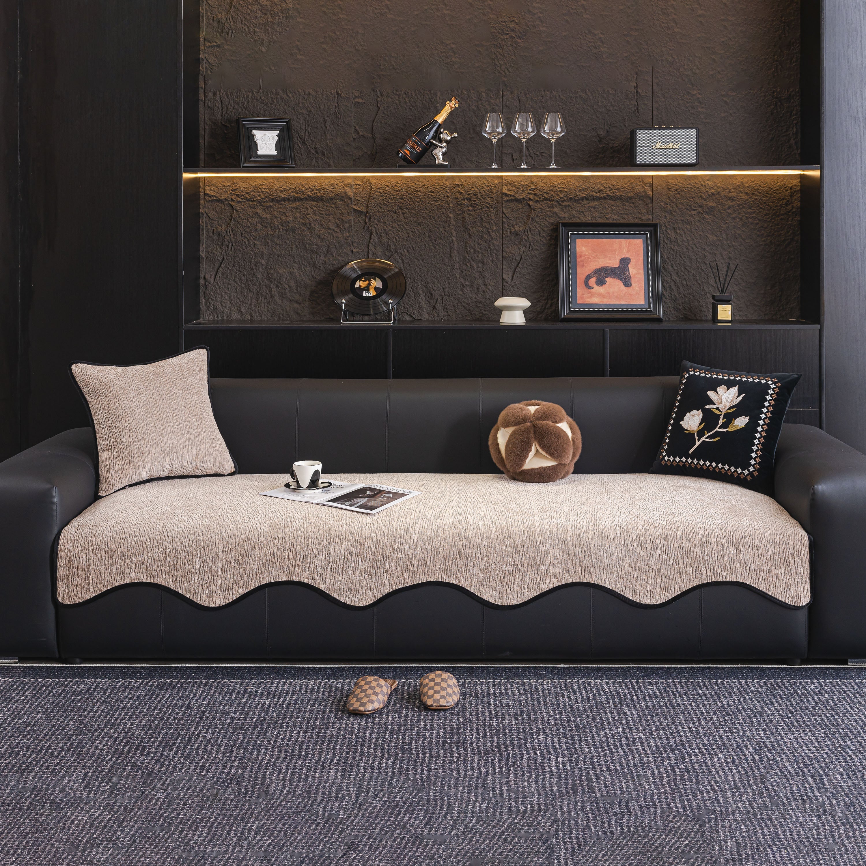 Chenille Couch Cover With Scalloped Edge, Non-slip Modular Slipcover Sectional