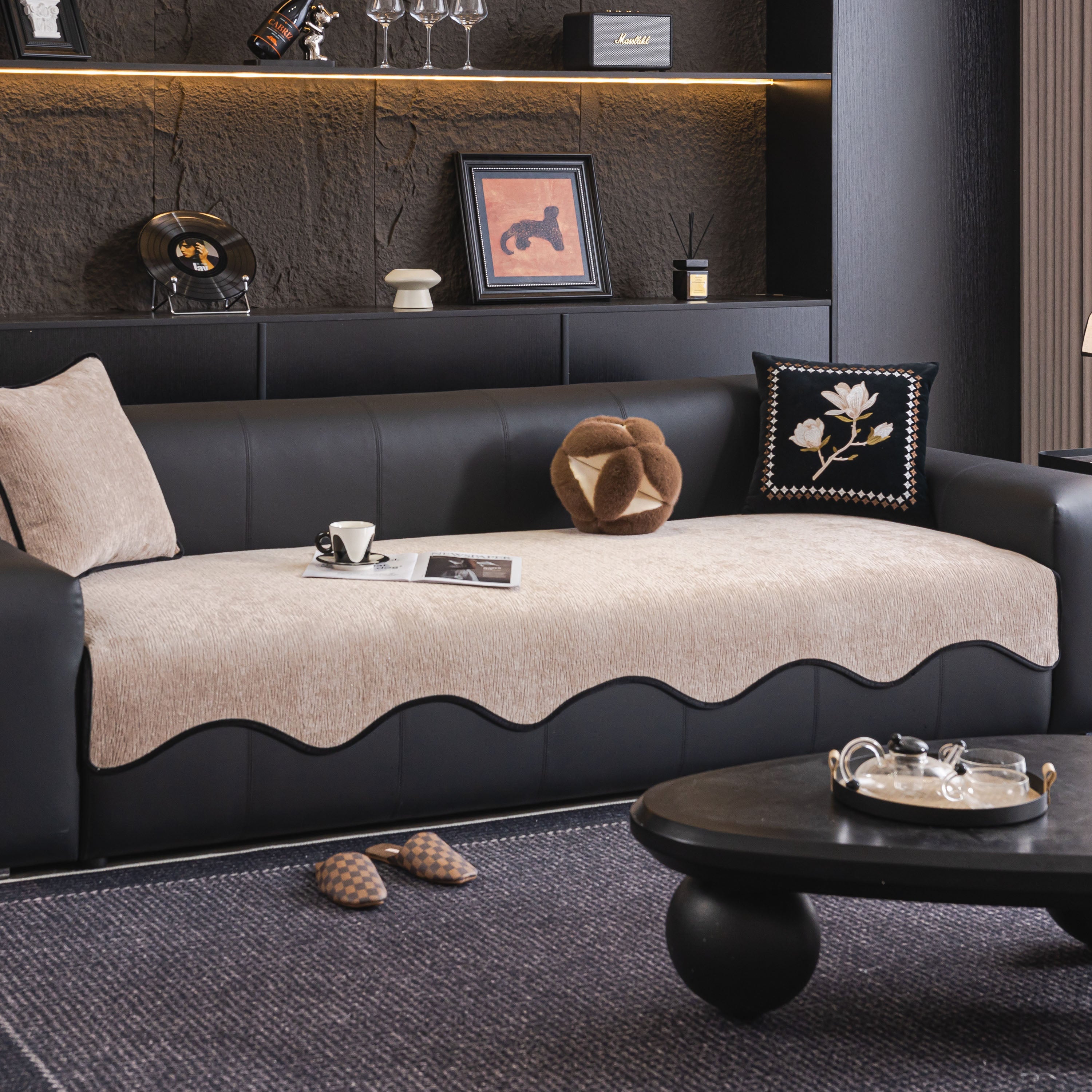 Chenille Couch Cover With Scalloped Edge, Non-slip Modular Slipcover Sectional