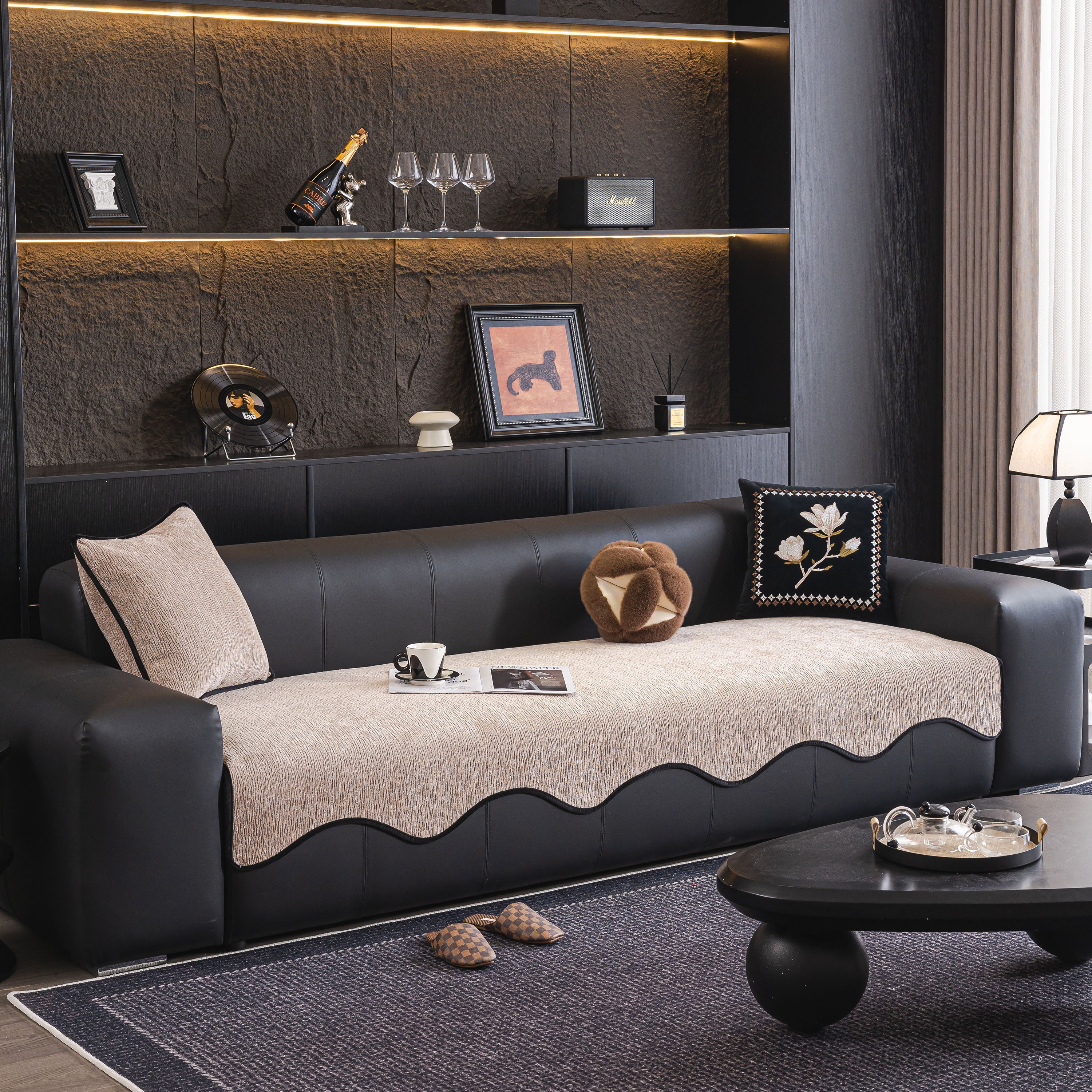 Chenille Couch Cover With Scalloped Edge, Non-slip Modular Slipcover Sectional