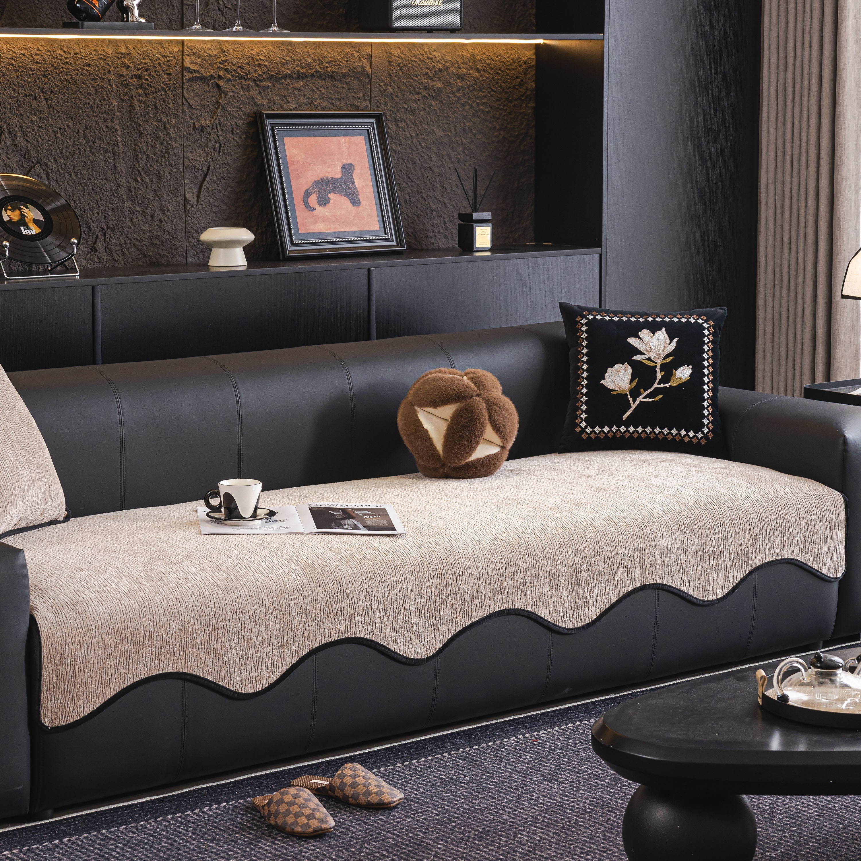 Chenille Couch Cover With Scalloped Edge, Non-slip Modular Slipcover Sectional