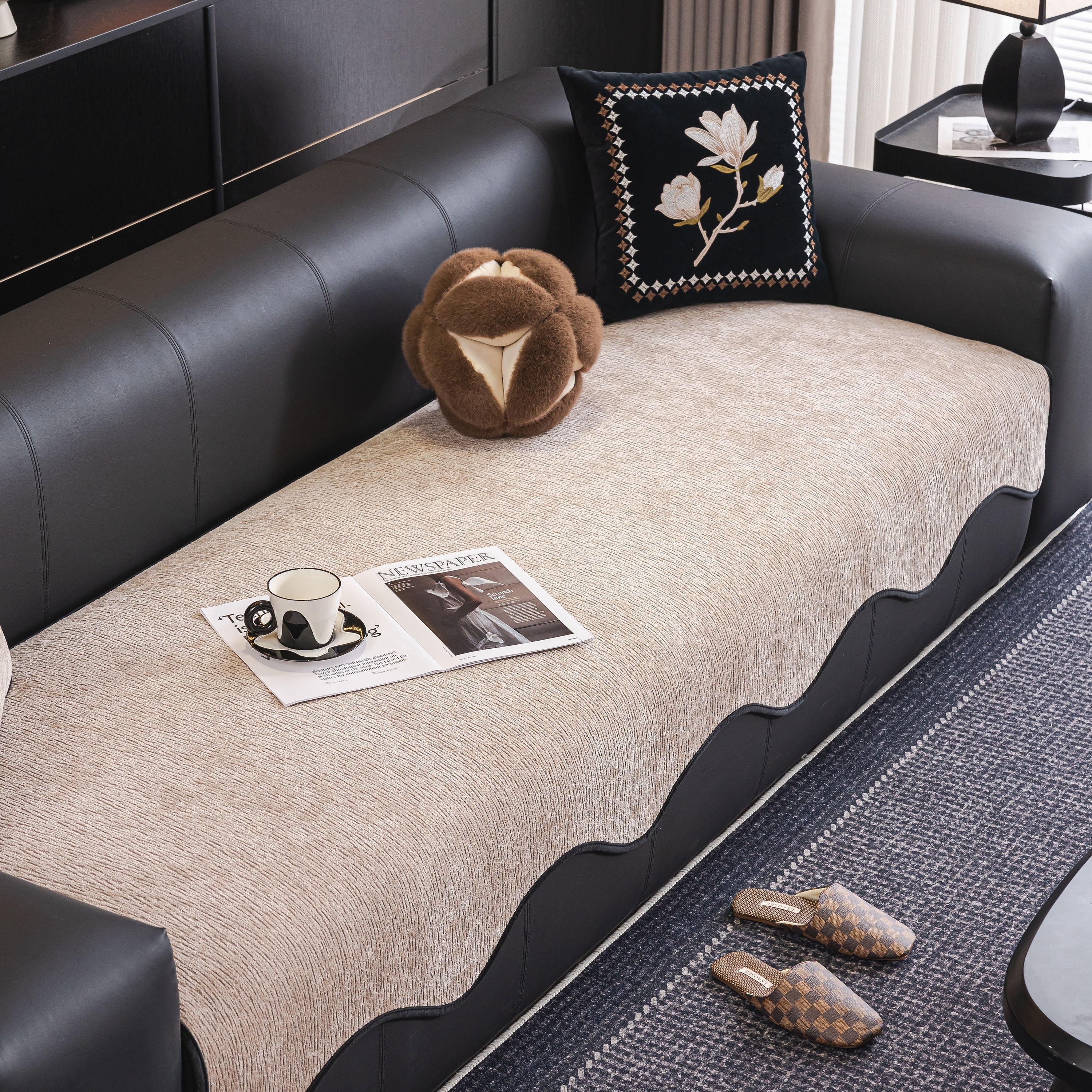 Chenille Couch Cover With Scalloped Edge, Non-slip Modular Slipcover Sectional