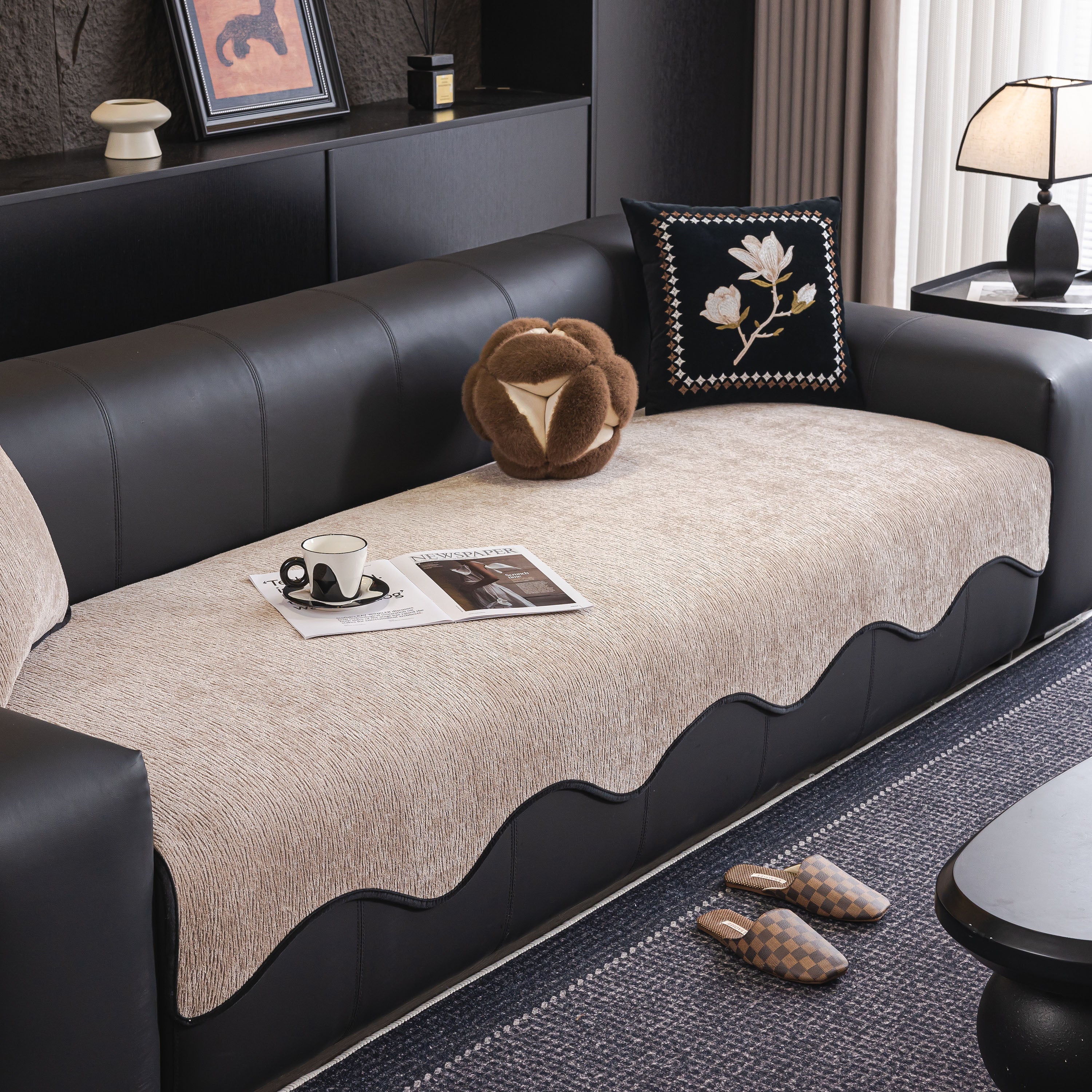 Chenille Couch Cover With Scalloped Edge, Non-slip Modular Slipcover Sectional