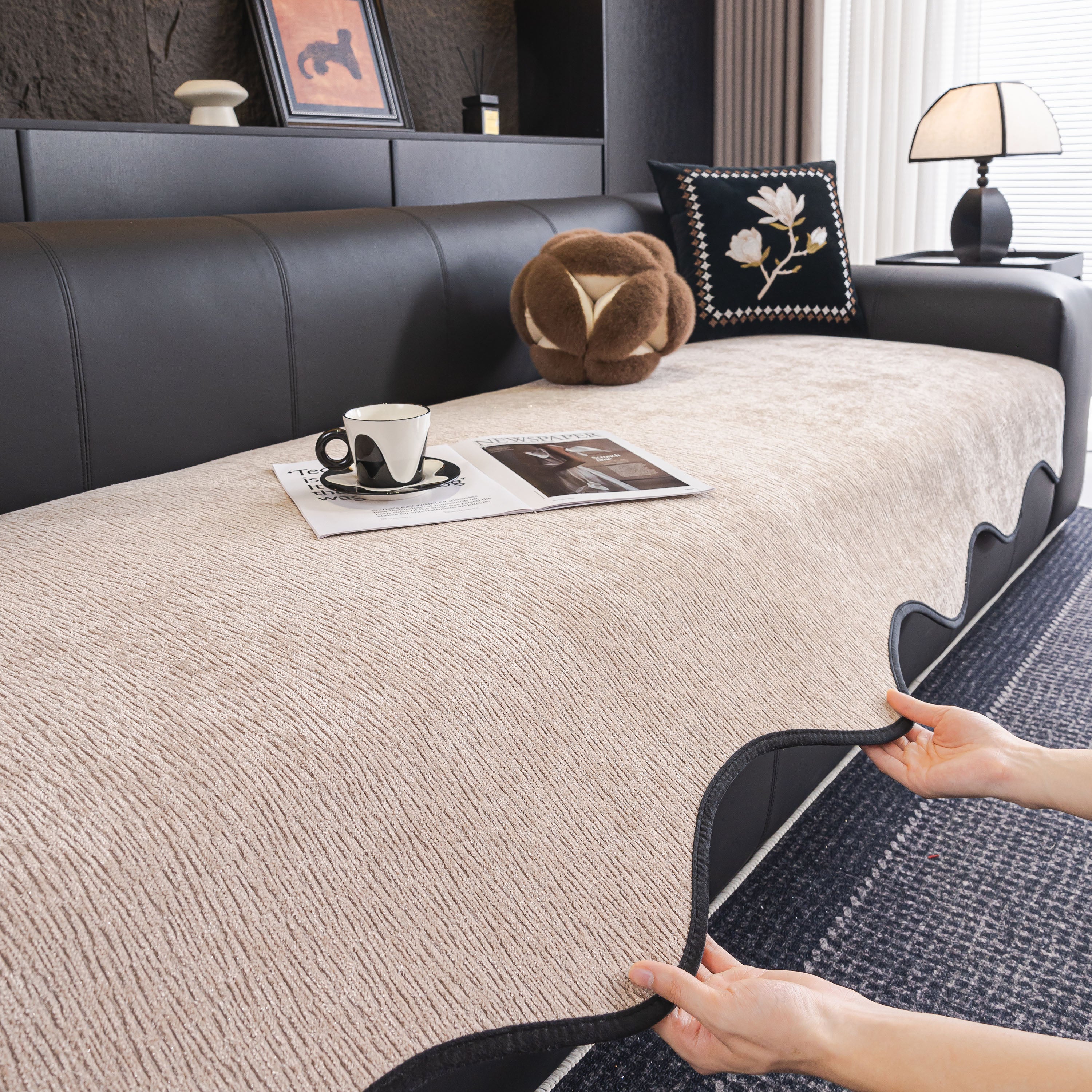 Chenille Couch Cover With Scalloped Edge, Non-slip Modular Slipcover Sectional