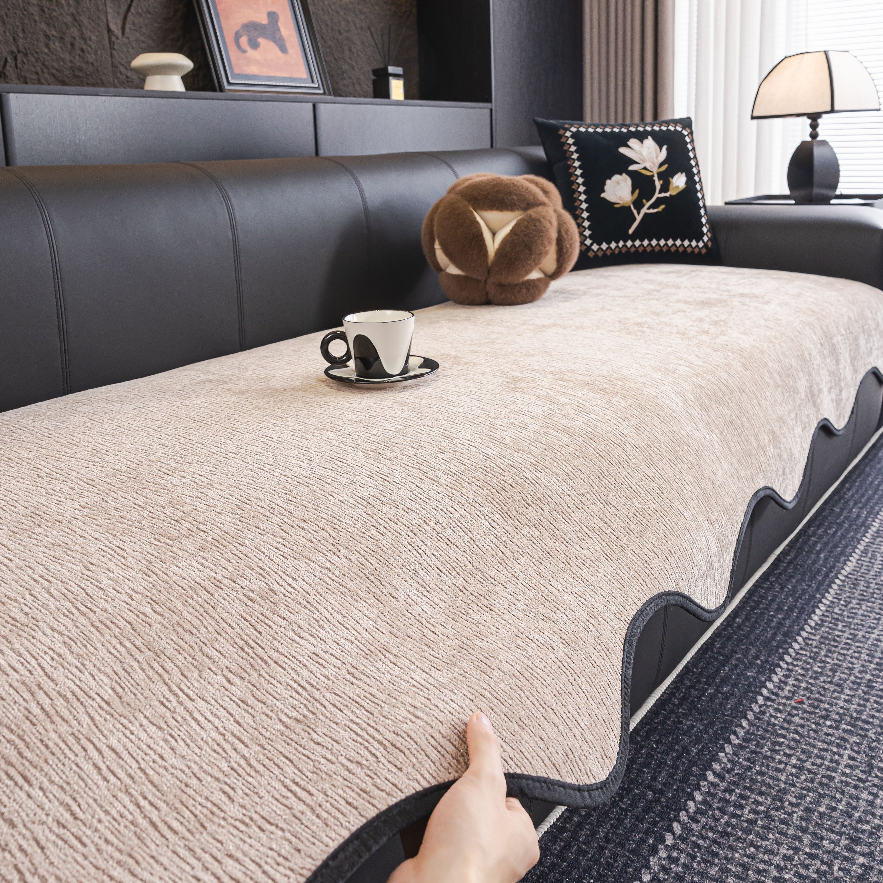 Chenille Couch Cover With Scalloped Edge, Non-slip Modular Slipcover Sectional