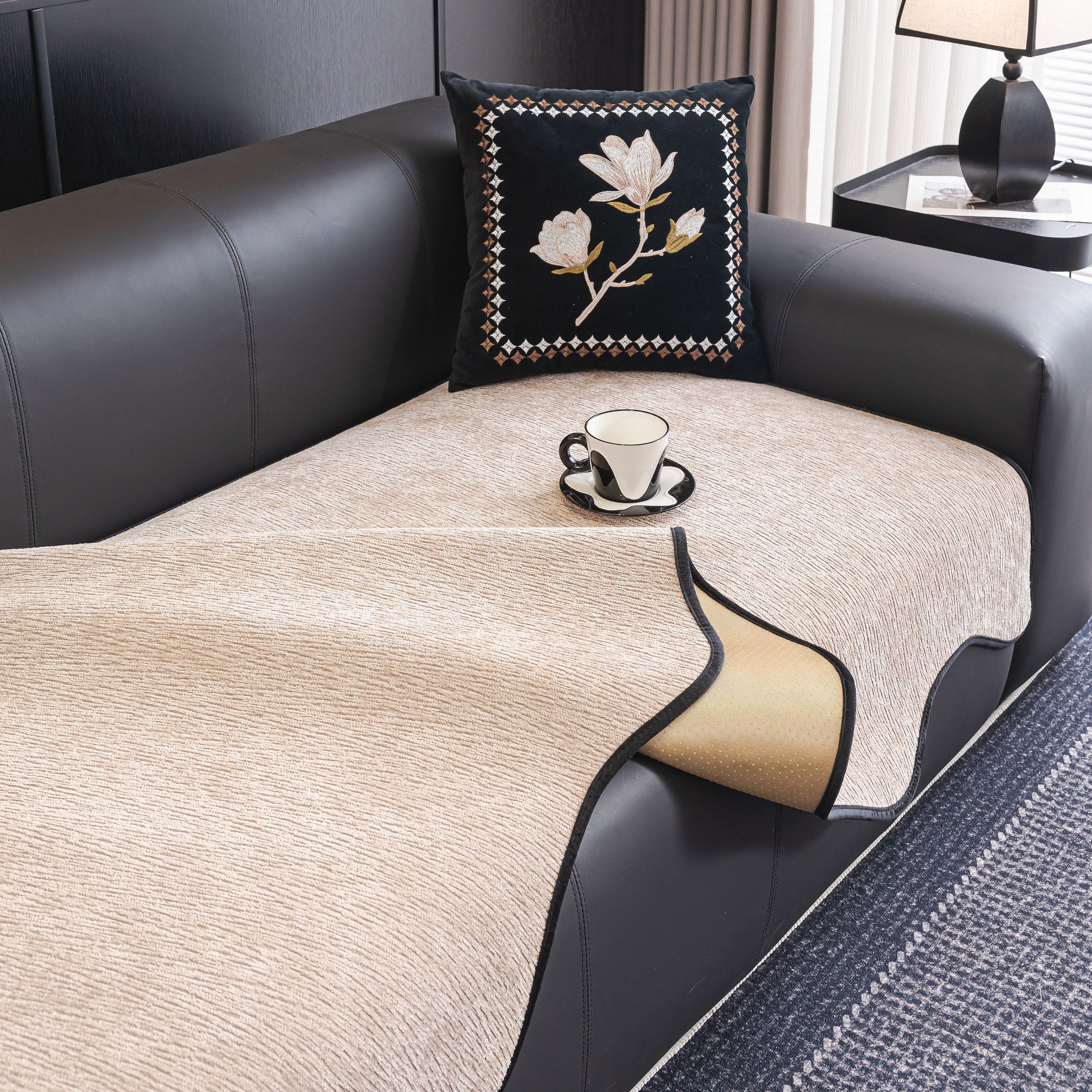 Chenille Couch Cover With Scalloped Edge, Non-slip Modular Slipcover Sectional