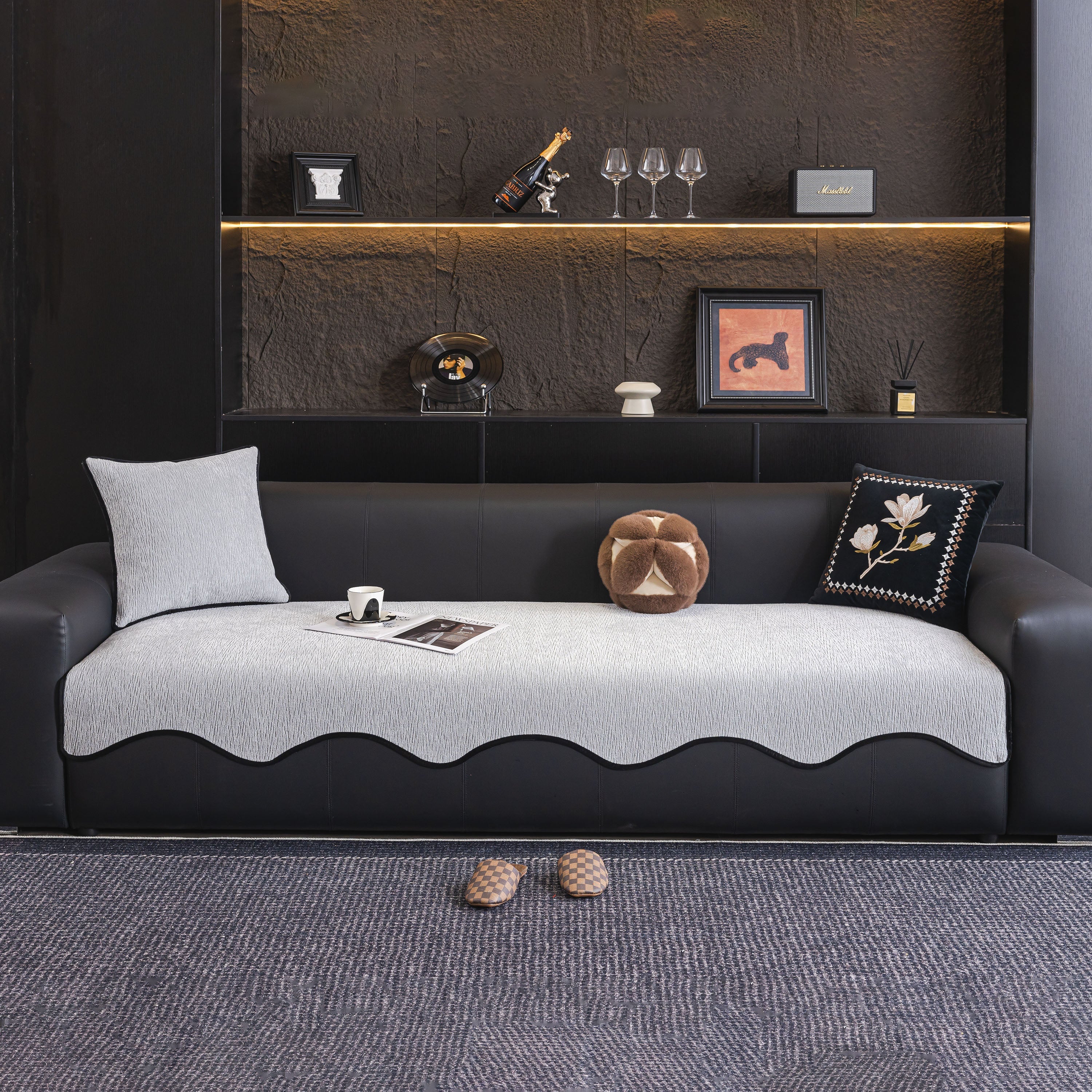Chenille Couch Cover With Scalloped Edge, Non-slip Modular Slipcover Sectional
