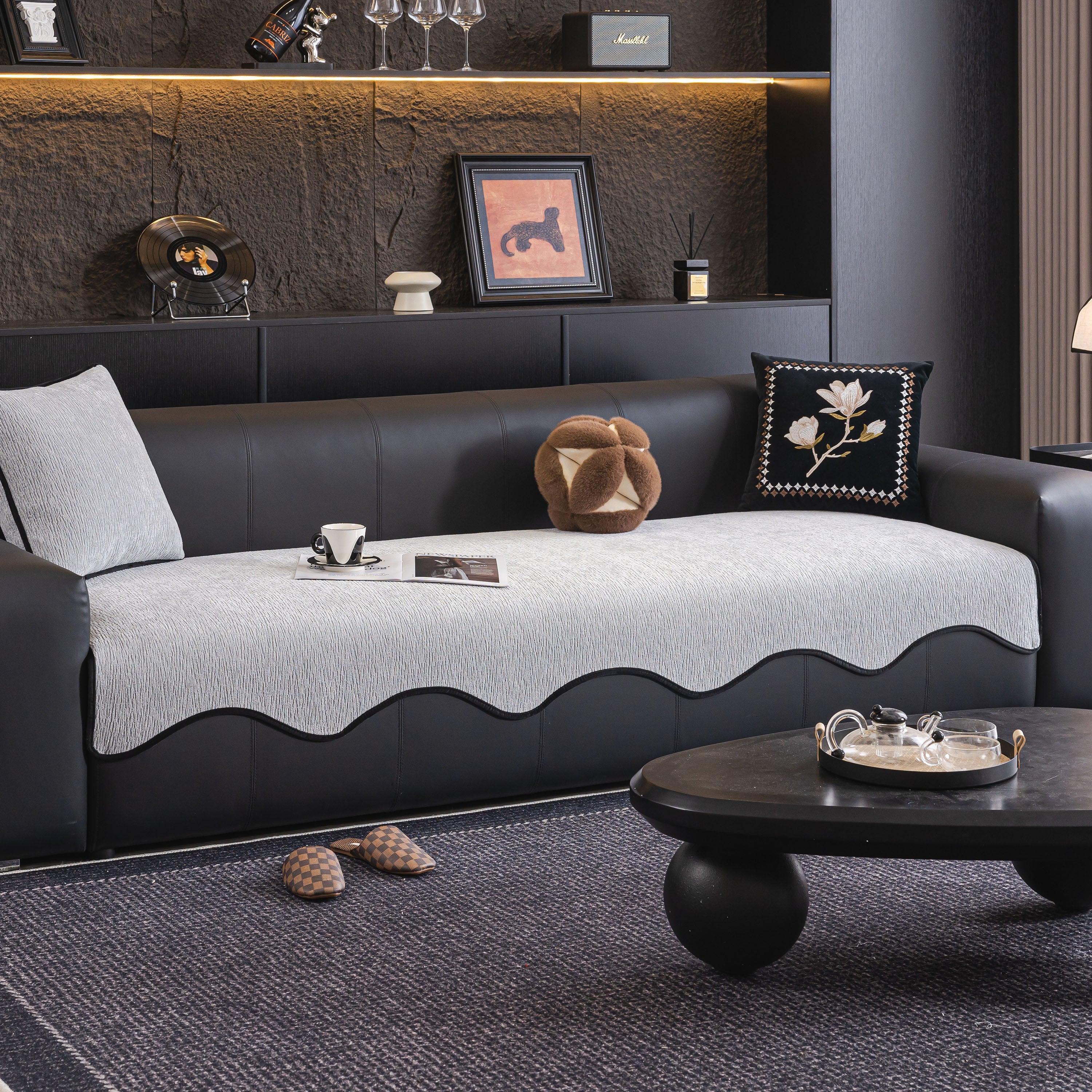 Chenille Couch Cover With Scalloped Edge, Non-slip Modular Slipcover Sectional