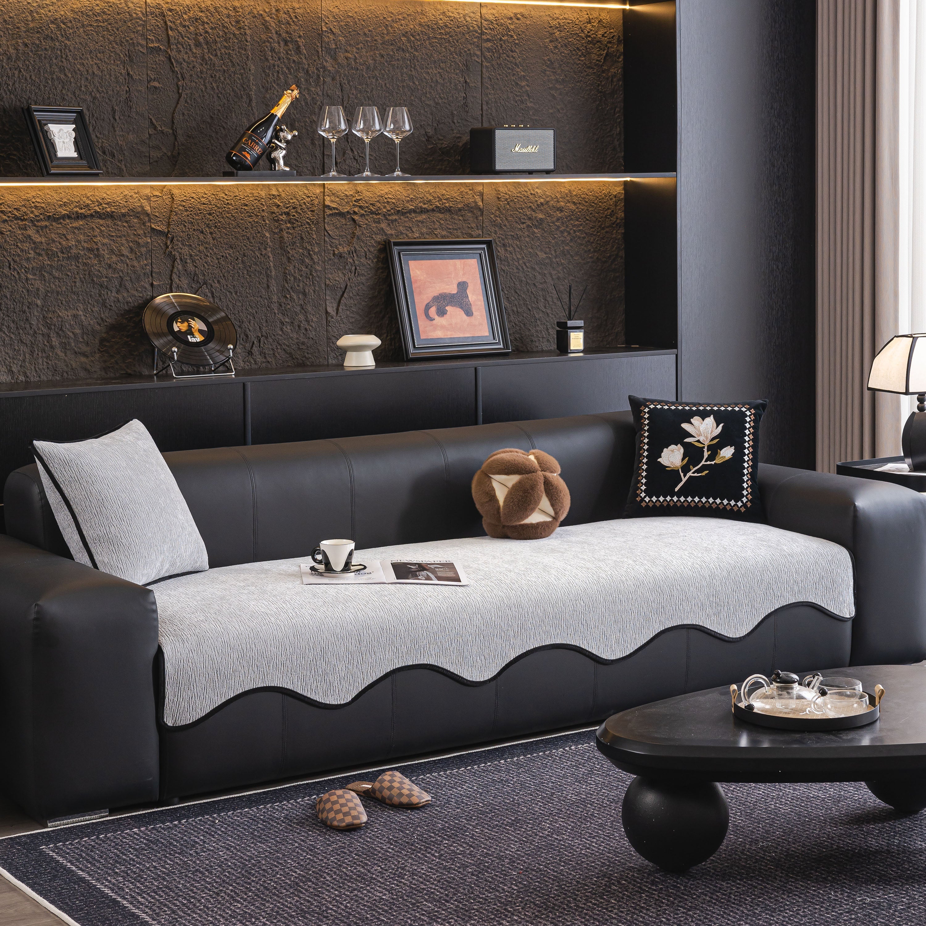 Chenille Couch Cover With Scalloped Edge, Non-slip Modular Slipcover Sectional