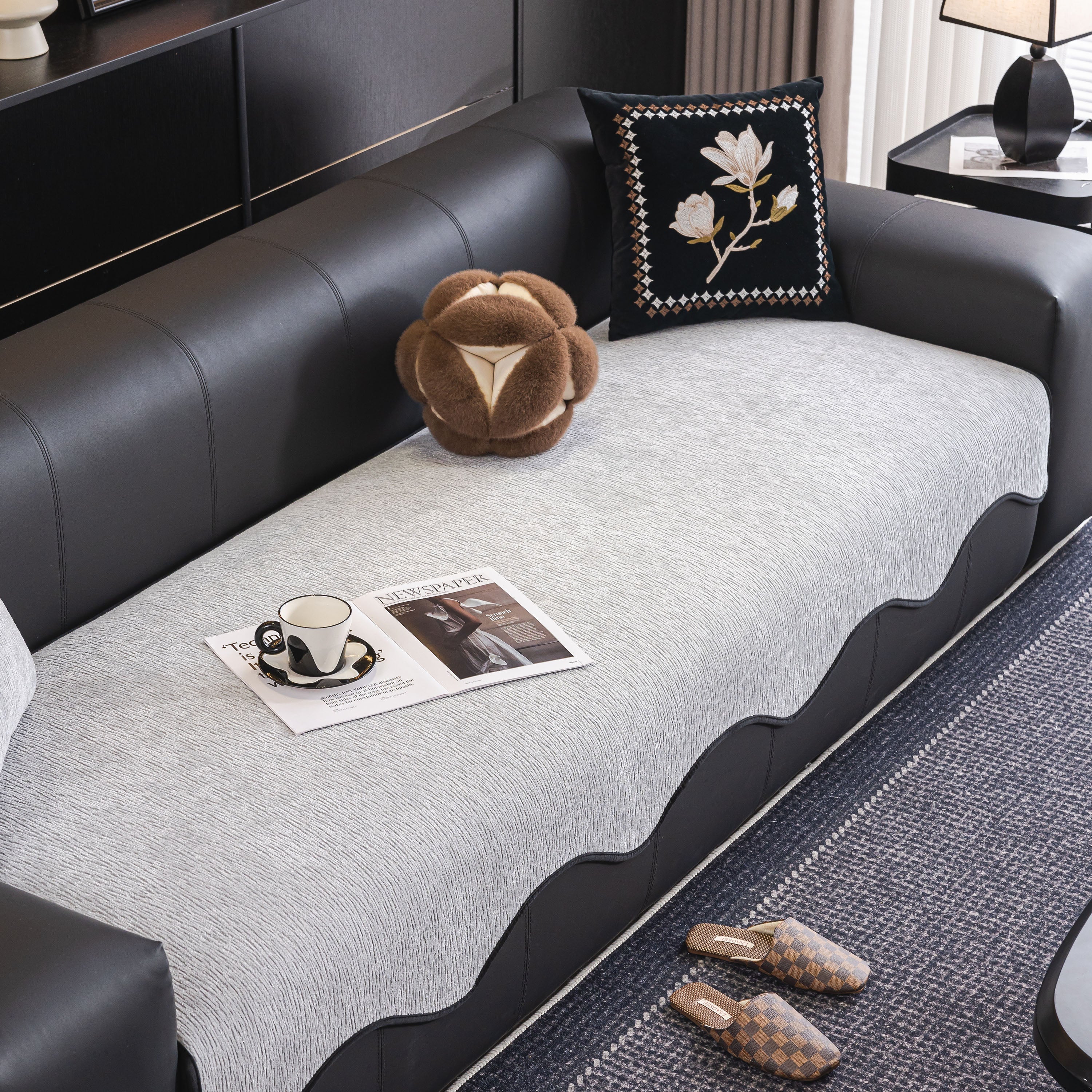 Chenille Couch Cover With Scalloped Edge, Non-slip Modular Slipcover Sectional