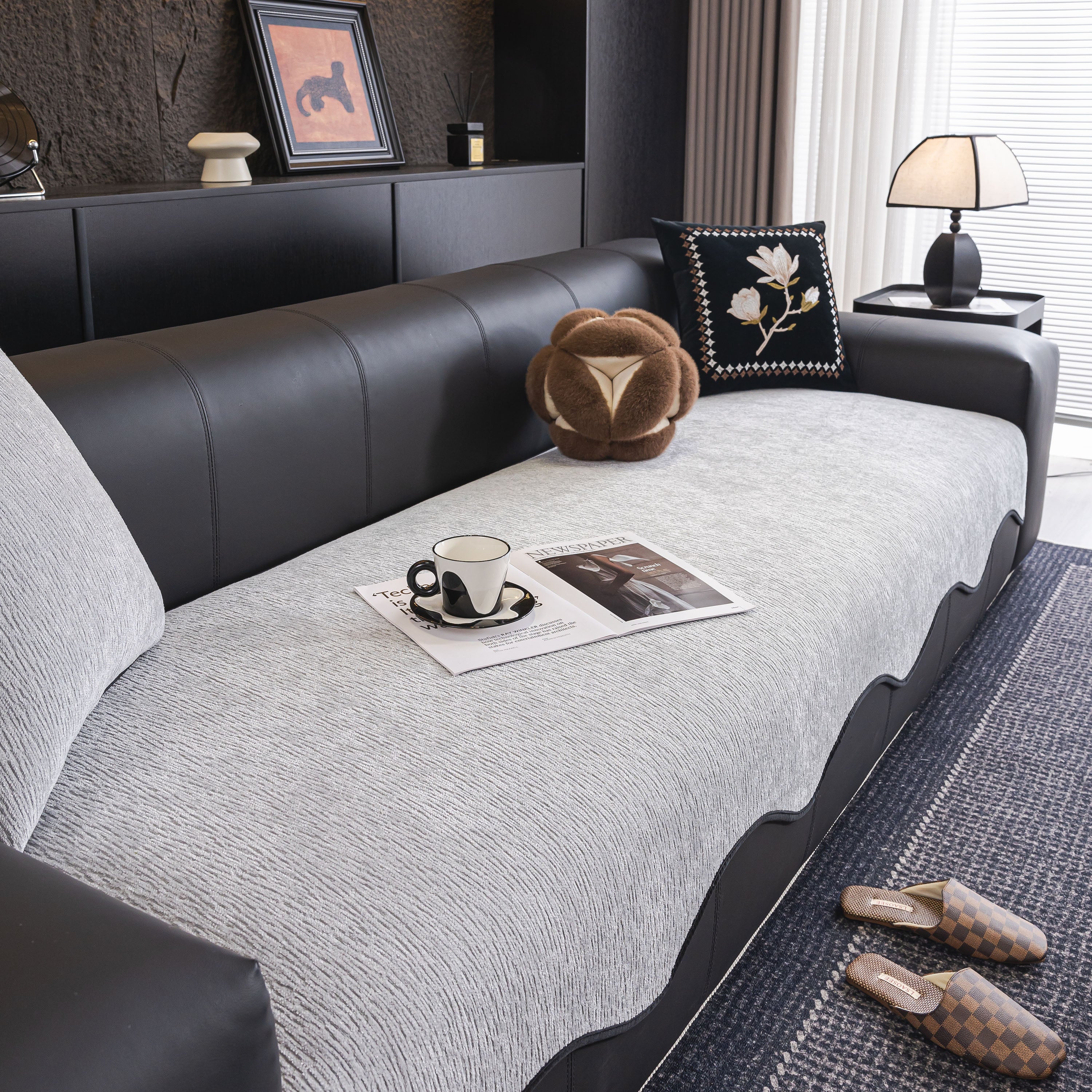 Chenille Couch Cover With Scalloped Edge, Non-slip Modular Slipcover Sectional