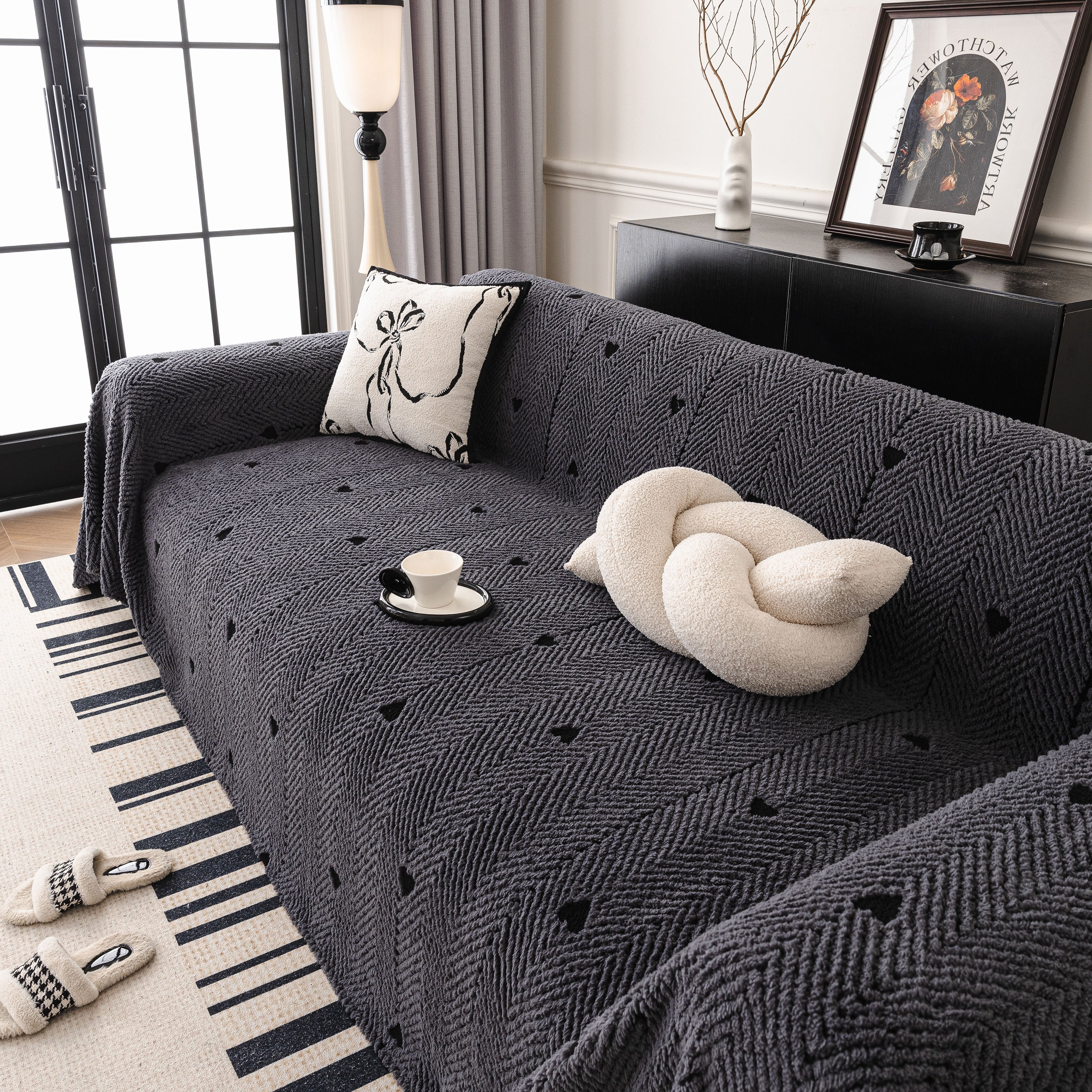 Thick Plush Sofa Cover Throw For Couch, 3d Textured Herringbone Washable Slipcover