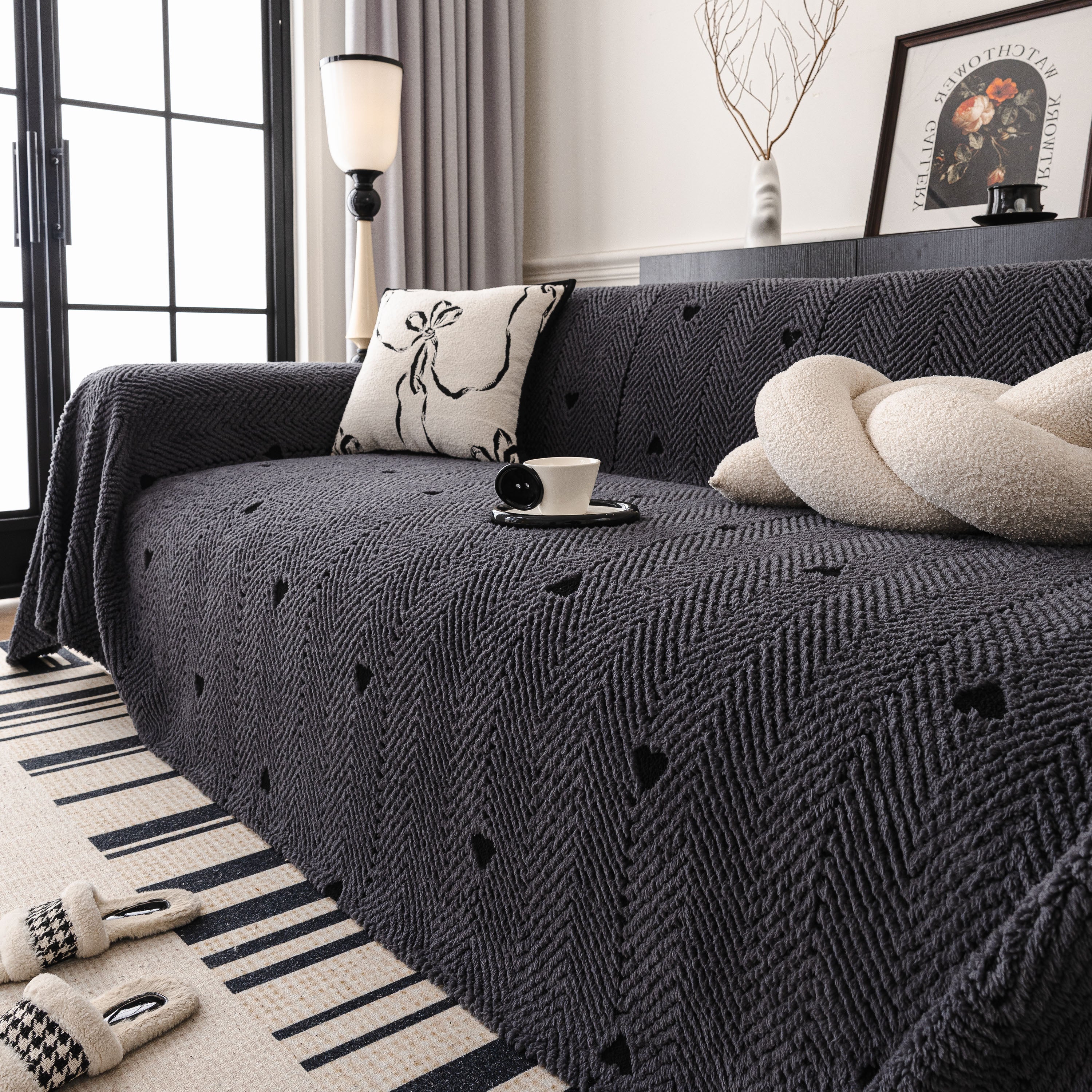 Thick Plush Sofa Cover Throw For Couch, 3d Textured Herringbone Washable Slipcover