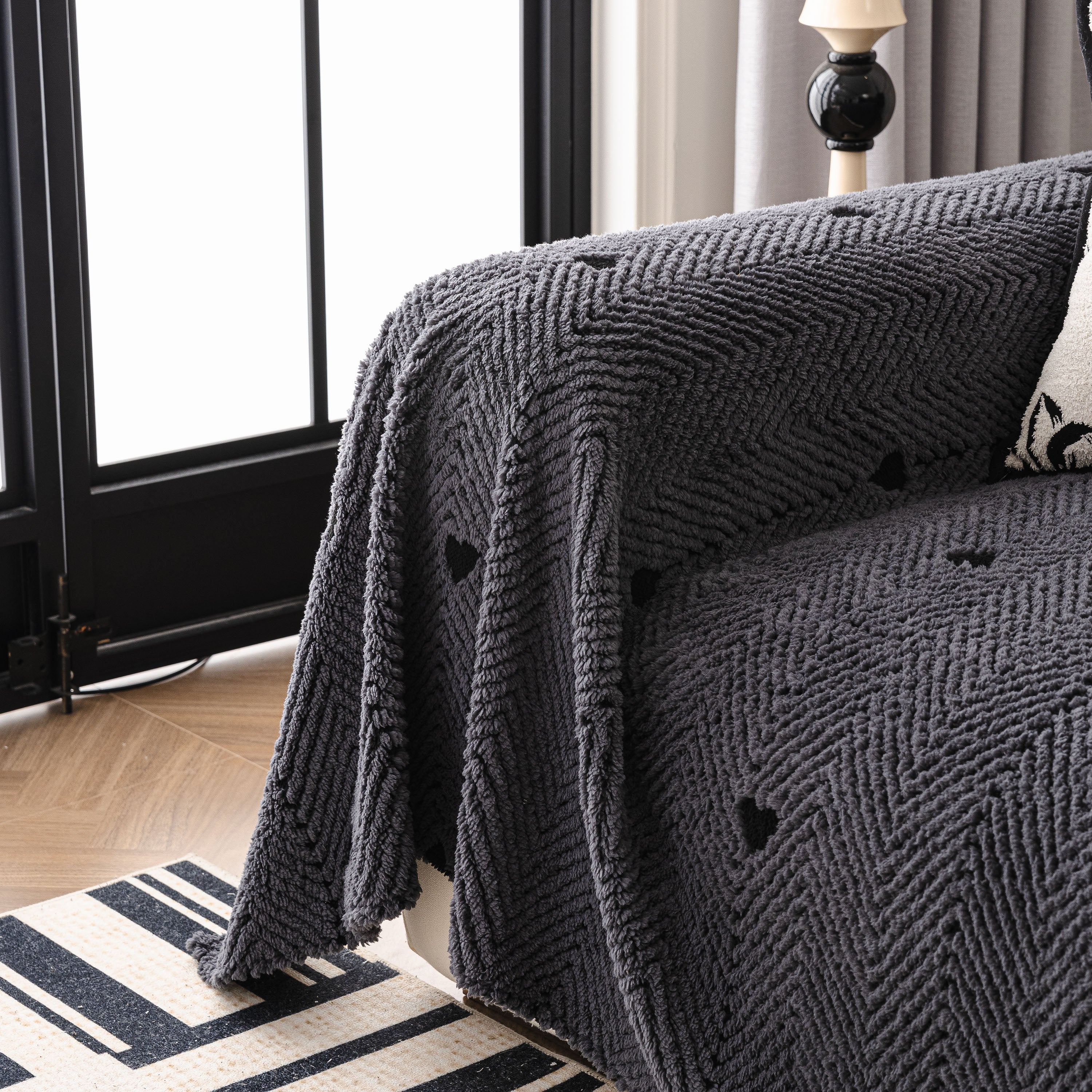 Thick Plush Sofa Cover Throw For Couch, 3d Textured Herringbone Washable Slipcover