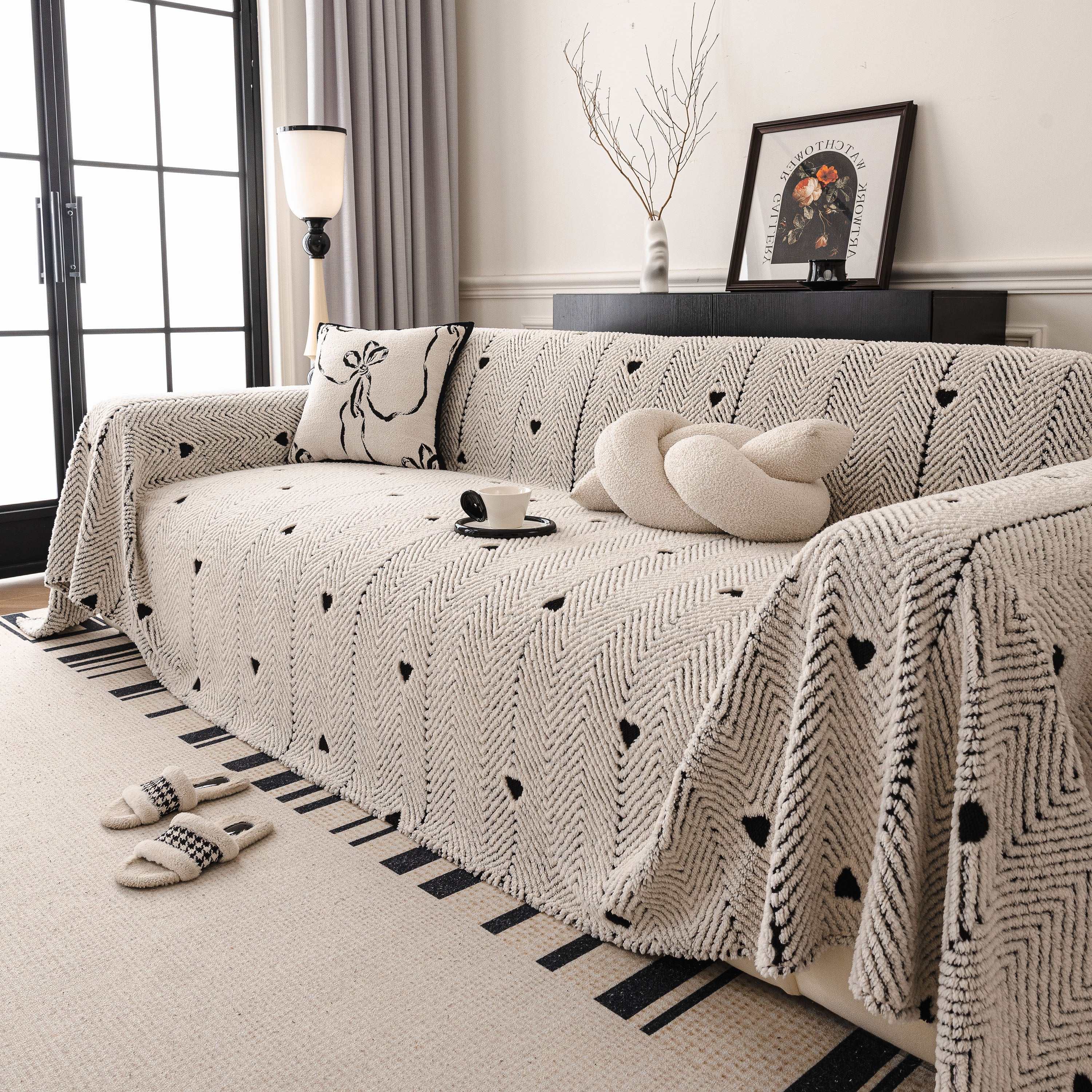 Thick Plush Sofa Cover Throw For Couch, 3d Textured Herringbone Washable Slipcover