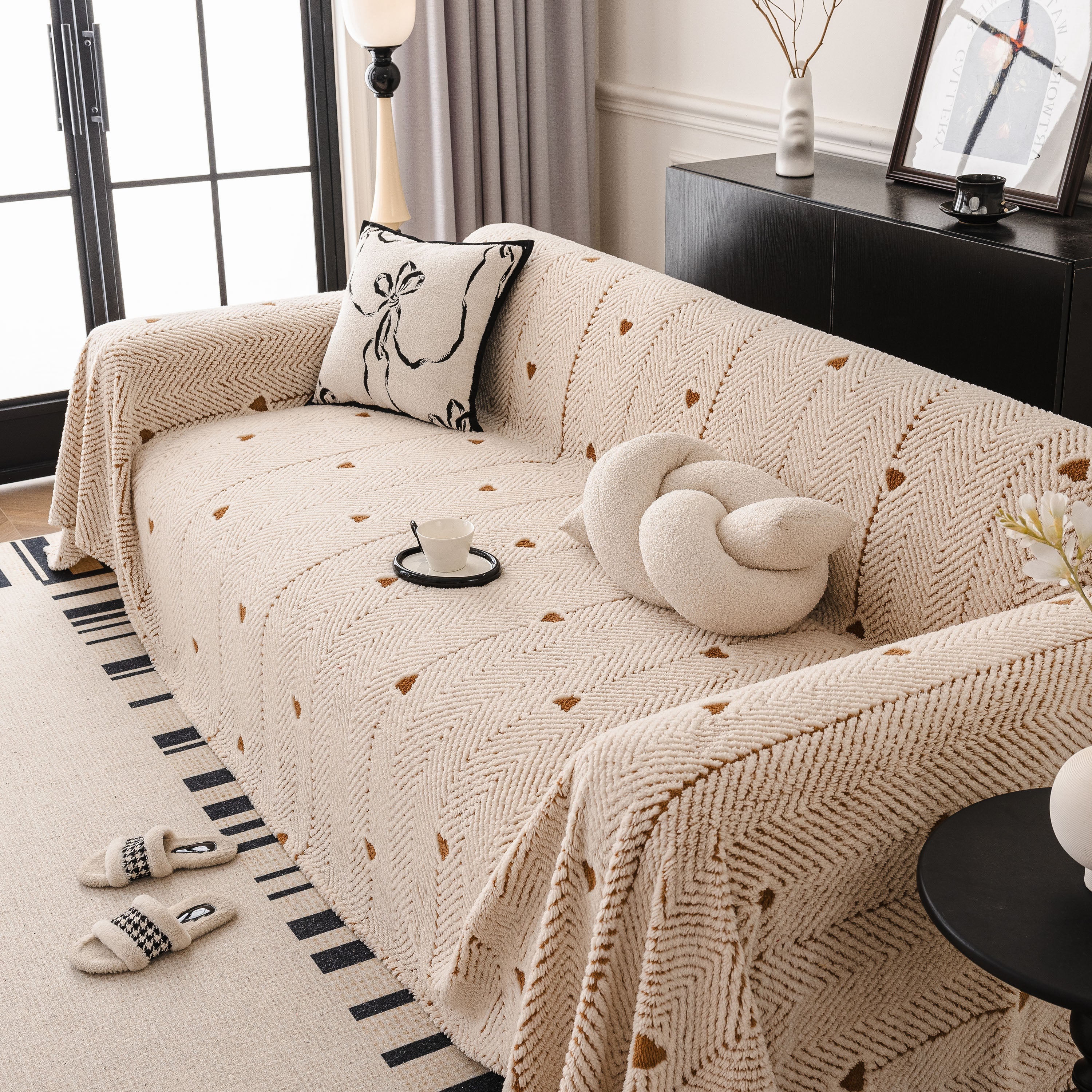 Thick Plush Sofa Cover Throw For Couch, 3d Textured Herringbone Washable Slipcover