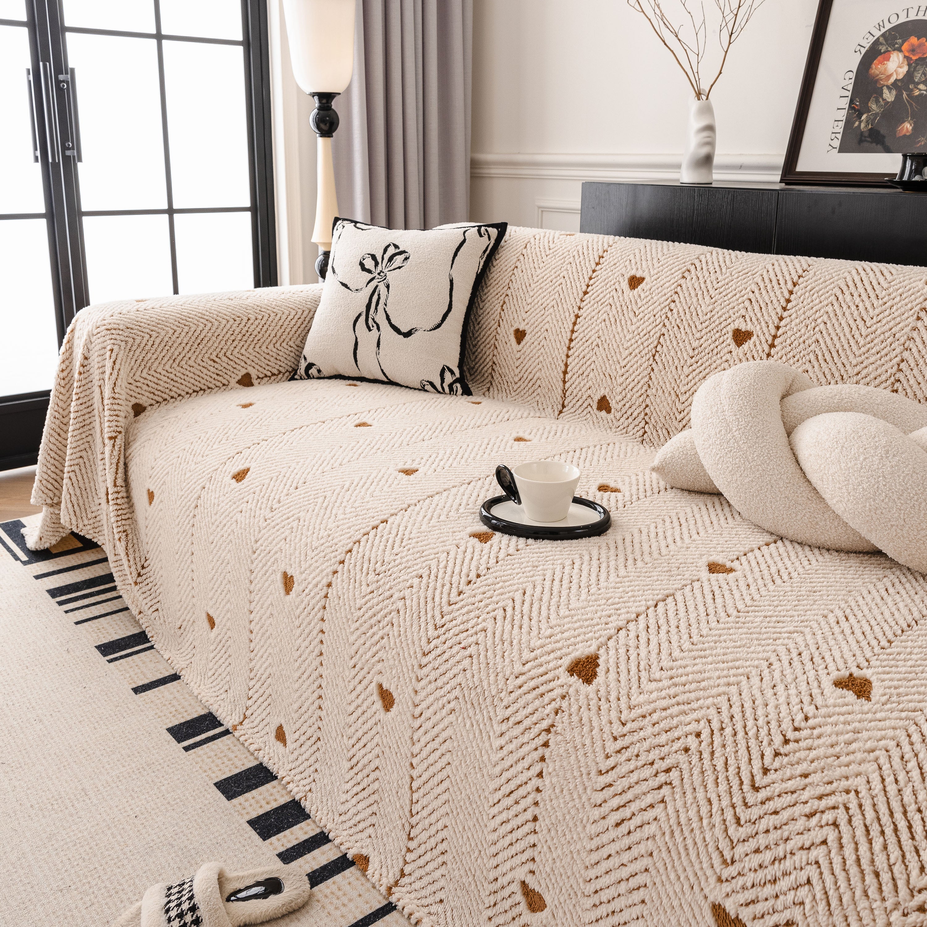 Thick Plush Sofa Cover Throw For Couch, 3d Textured Herringbone Washable Slipcover