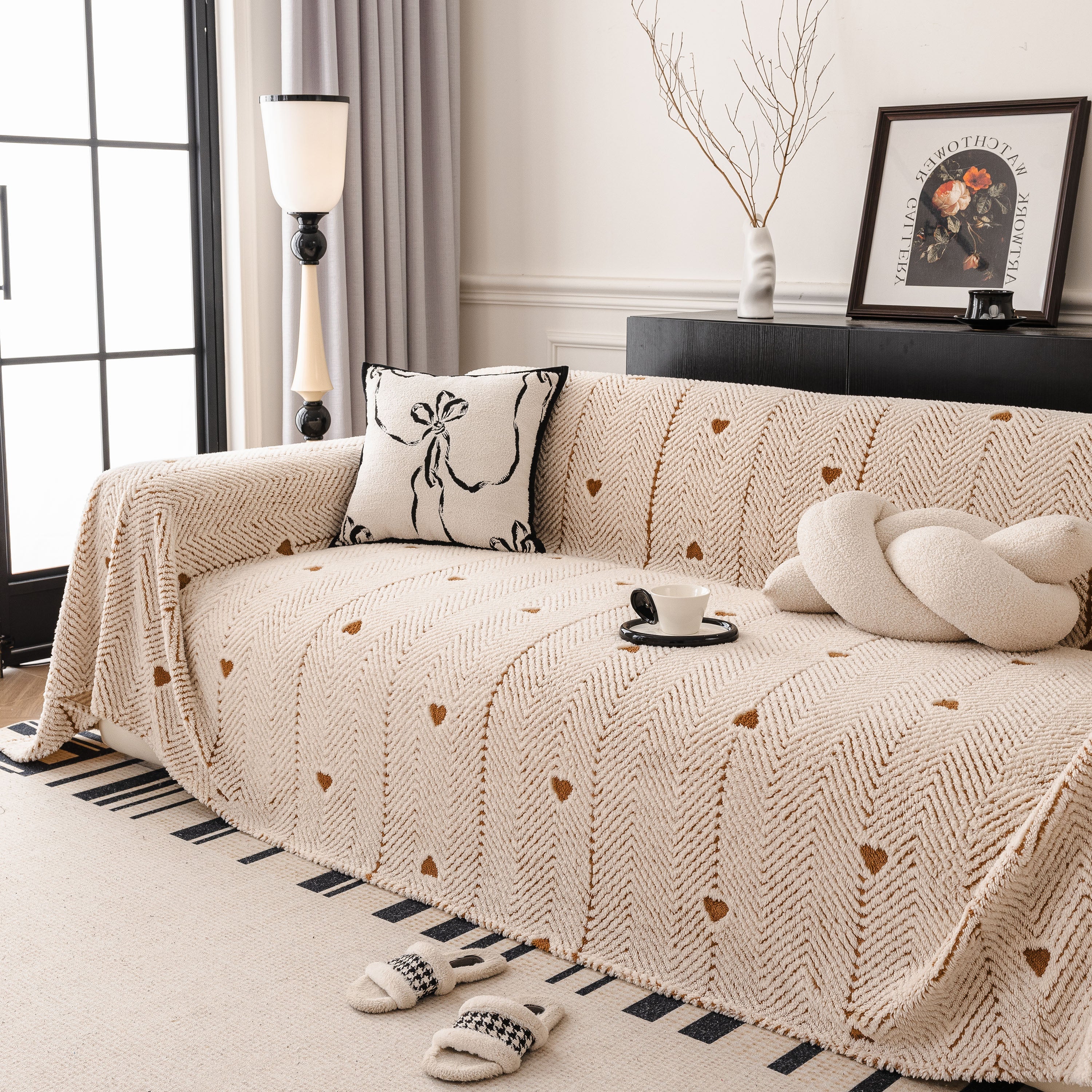 Thick Plush Sofa Cover Throw For Couch, 3d Textured Herringbone Washable Slipcover