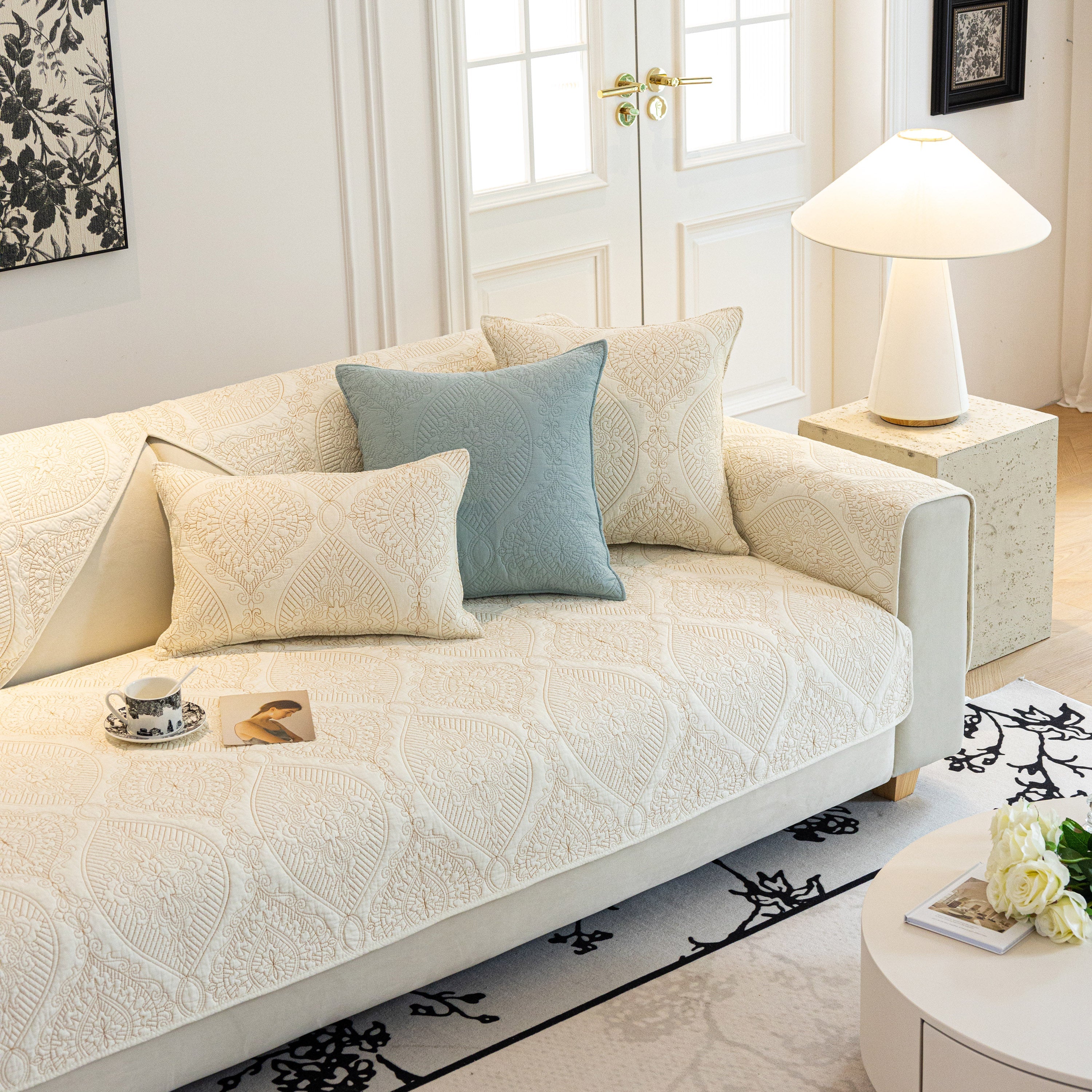 Baroque Sofa Cover – Quilted Cotton, Non-slip, Washable With Ornate Embroidery
