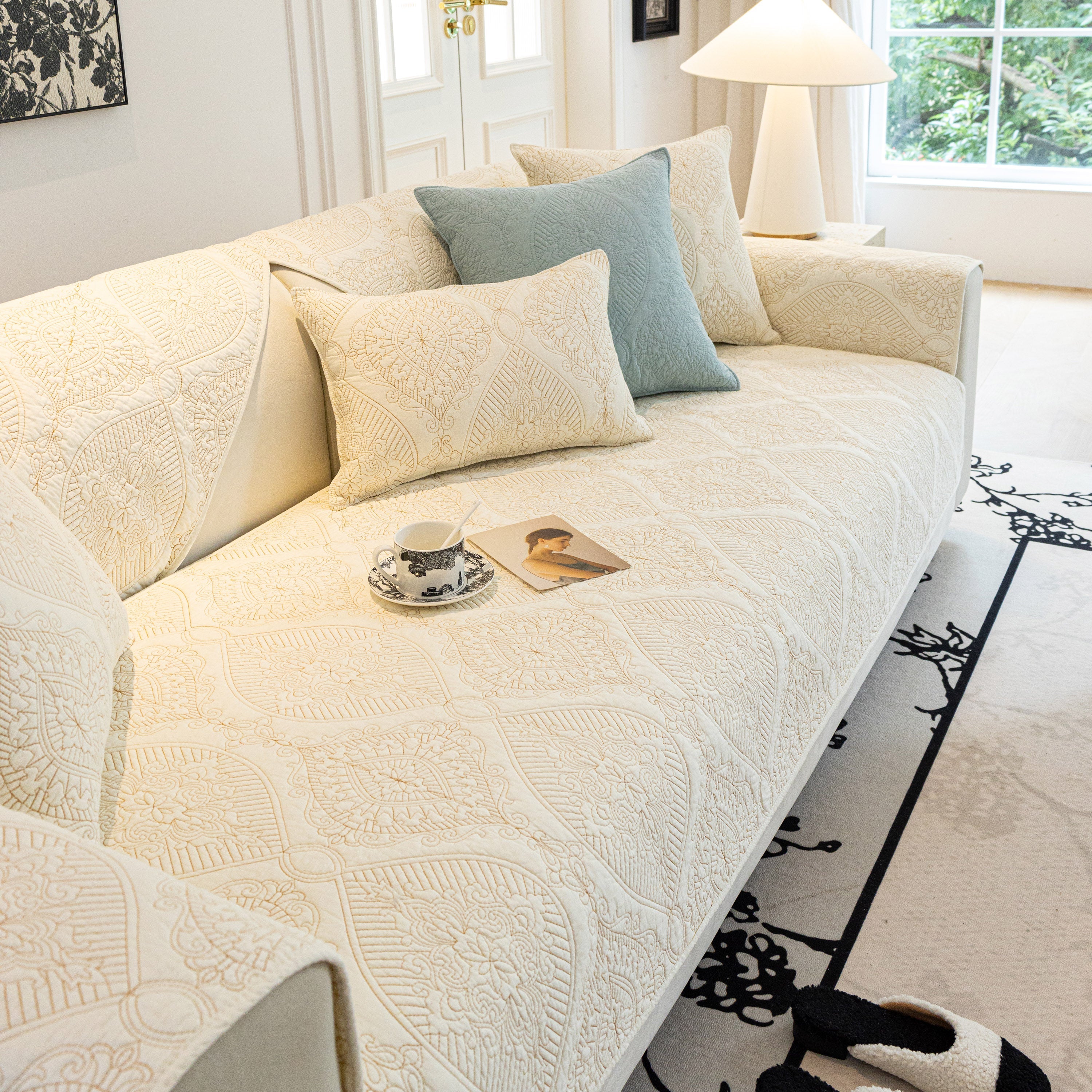 Baroque Sofa Cover – Quilted Cotton, Non-slip, Washable With Ornate Embroidery