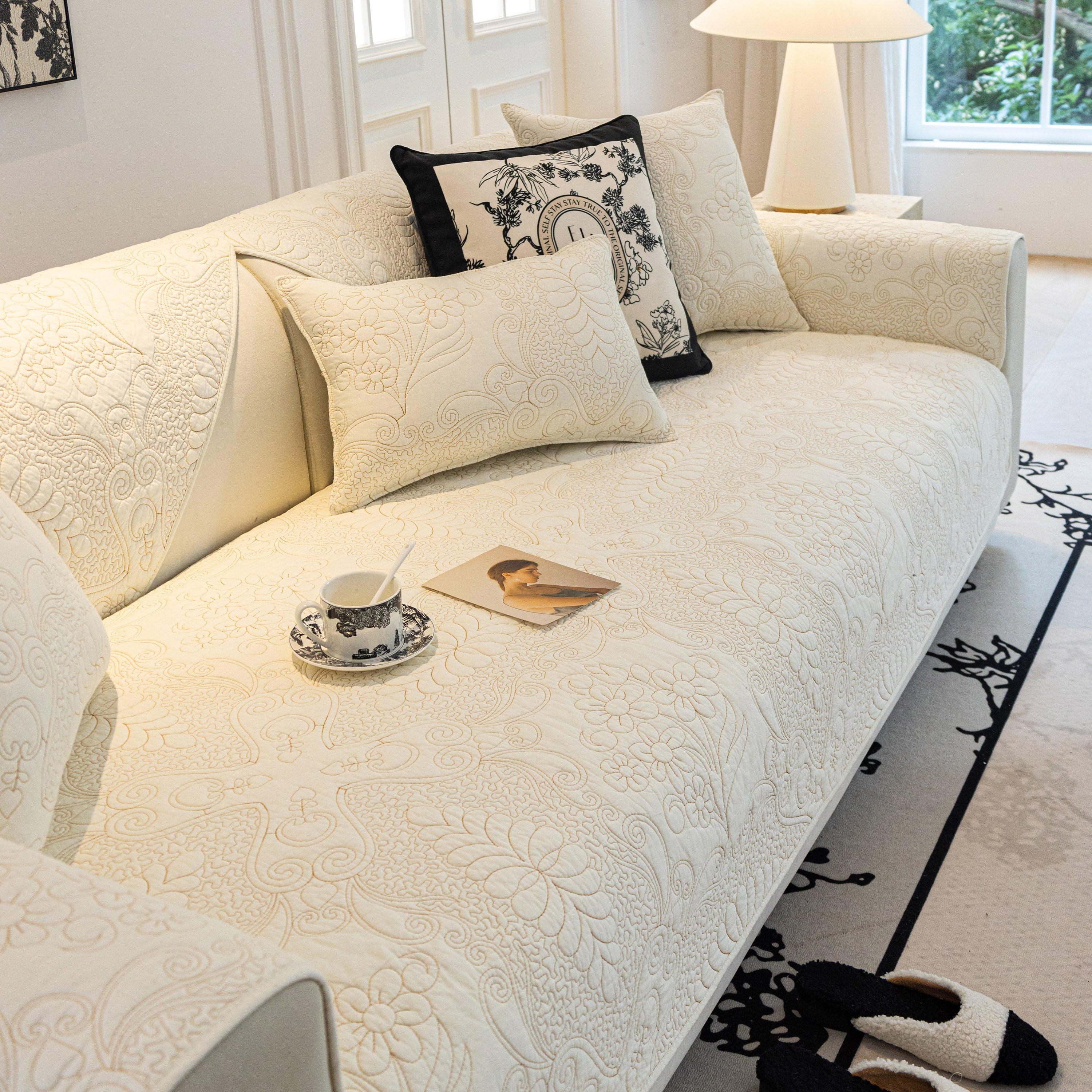 Baroque Floral Quilted Cotton Sofa Cover, Non-slip Washable Couch Protector