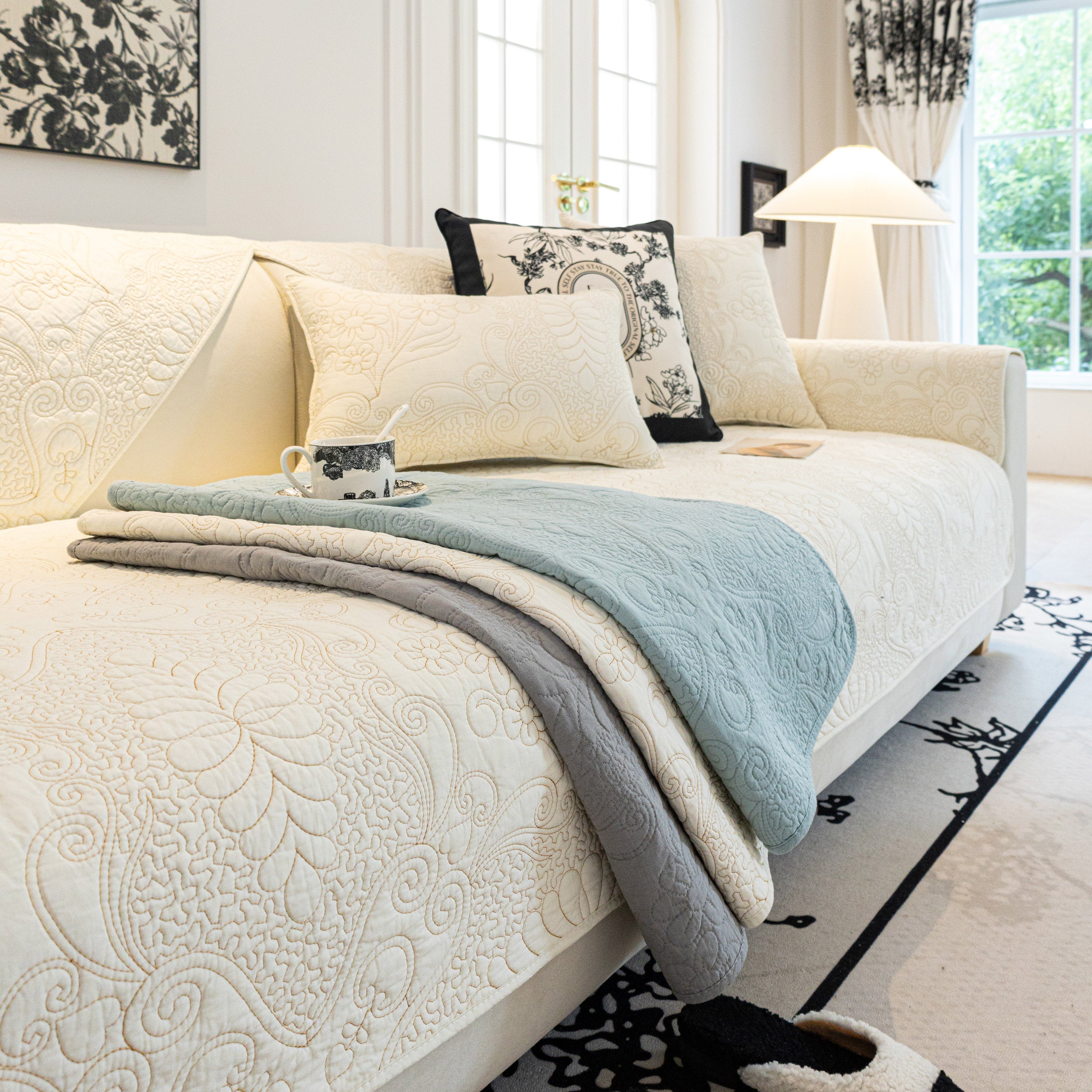Baroque Floral Quilted Cotton Sofa Cover, Non-slip Washable Couch Protector