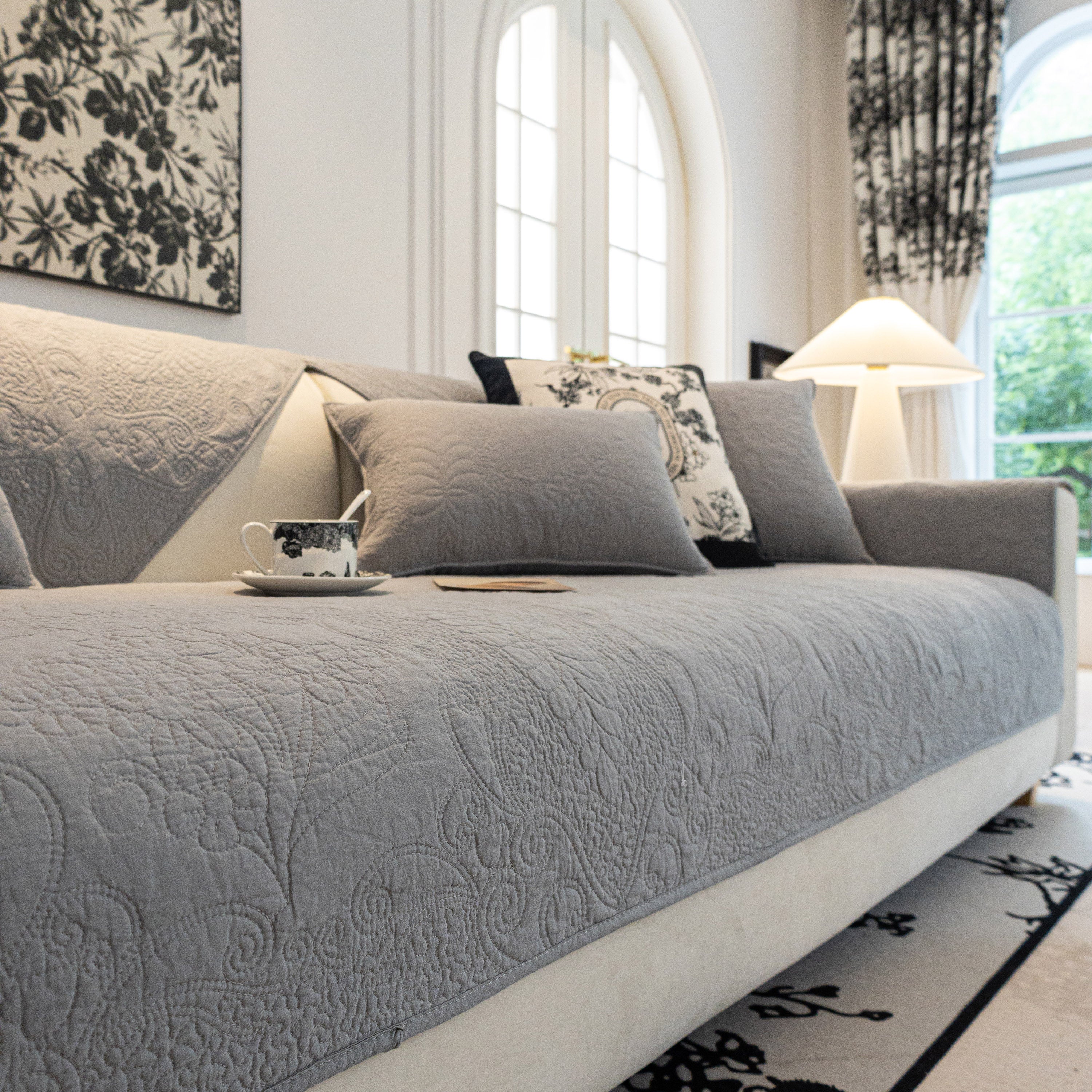 Baroque Floral Quilted Cotton Sofa Cover, Non-slip Washable Couch Protector