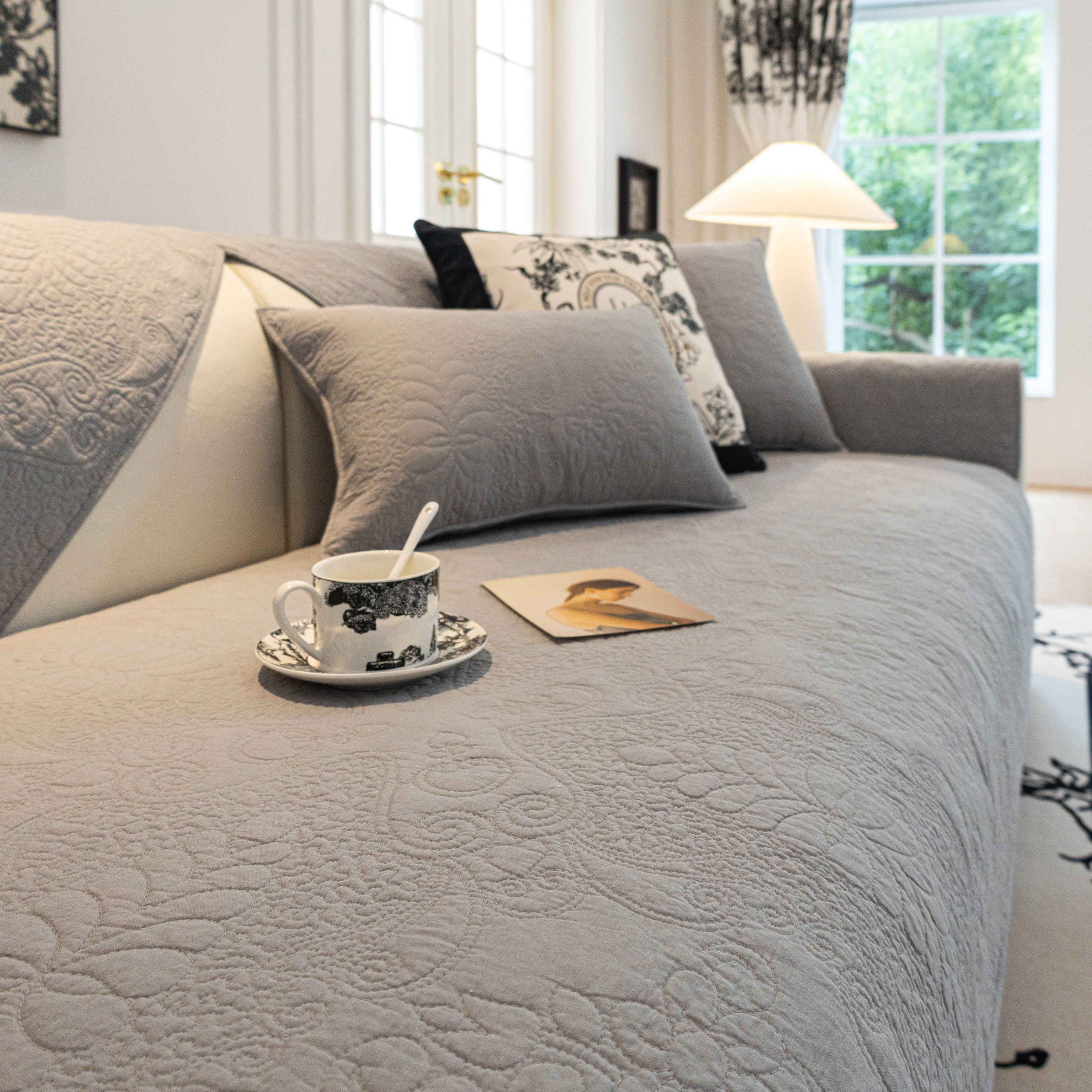 Baroque Floral Quilted Cotton Sofa Cover, Non-slip Washable Couch Protector
