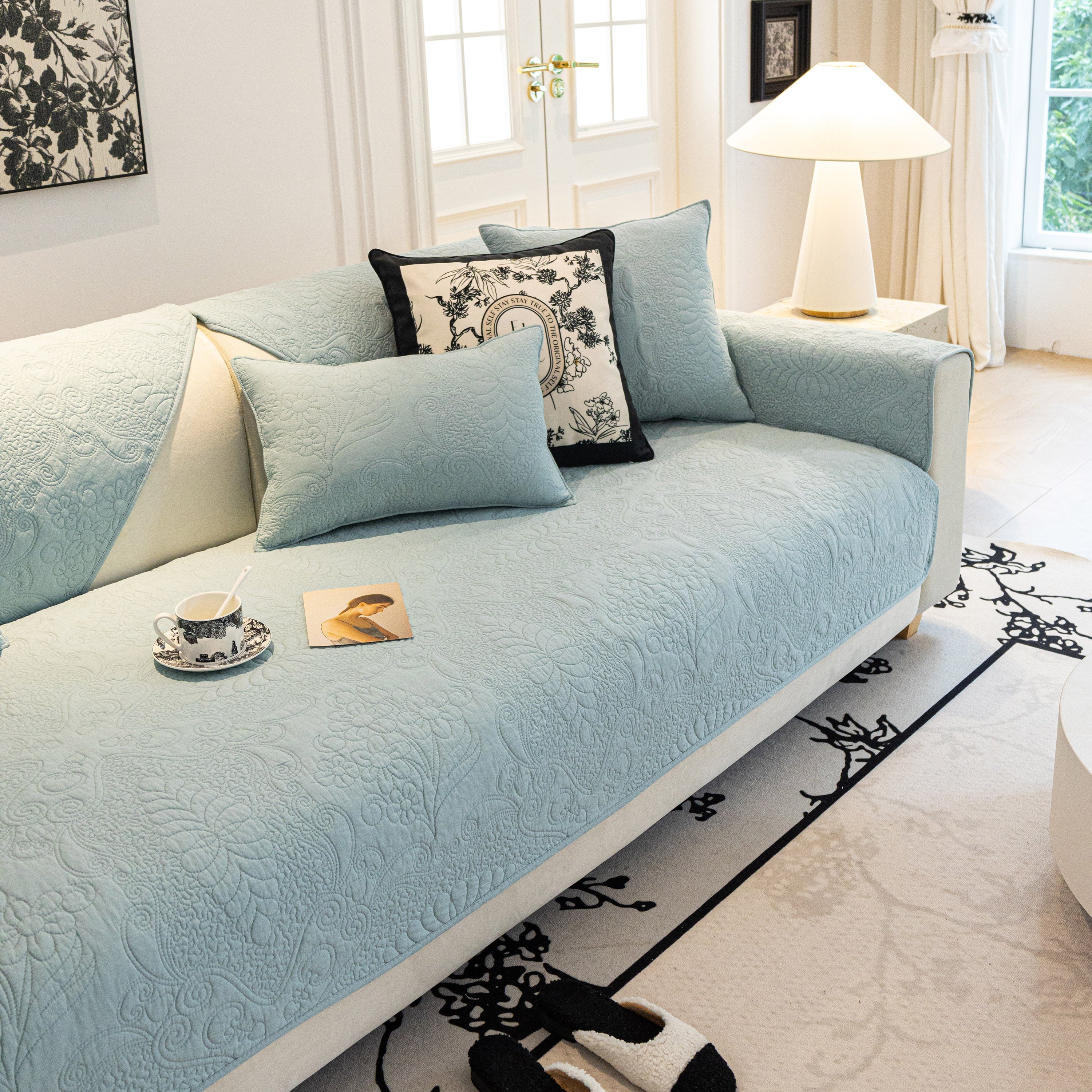 Baroque Floral Quilted Cotton Sofa Cover, Non-slip Washable Couch Protector