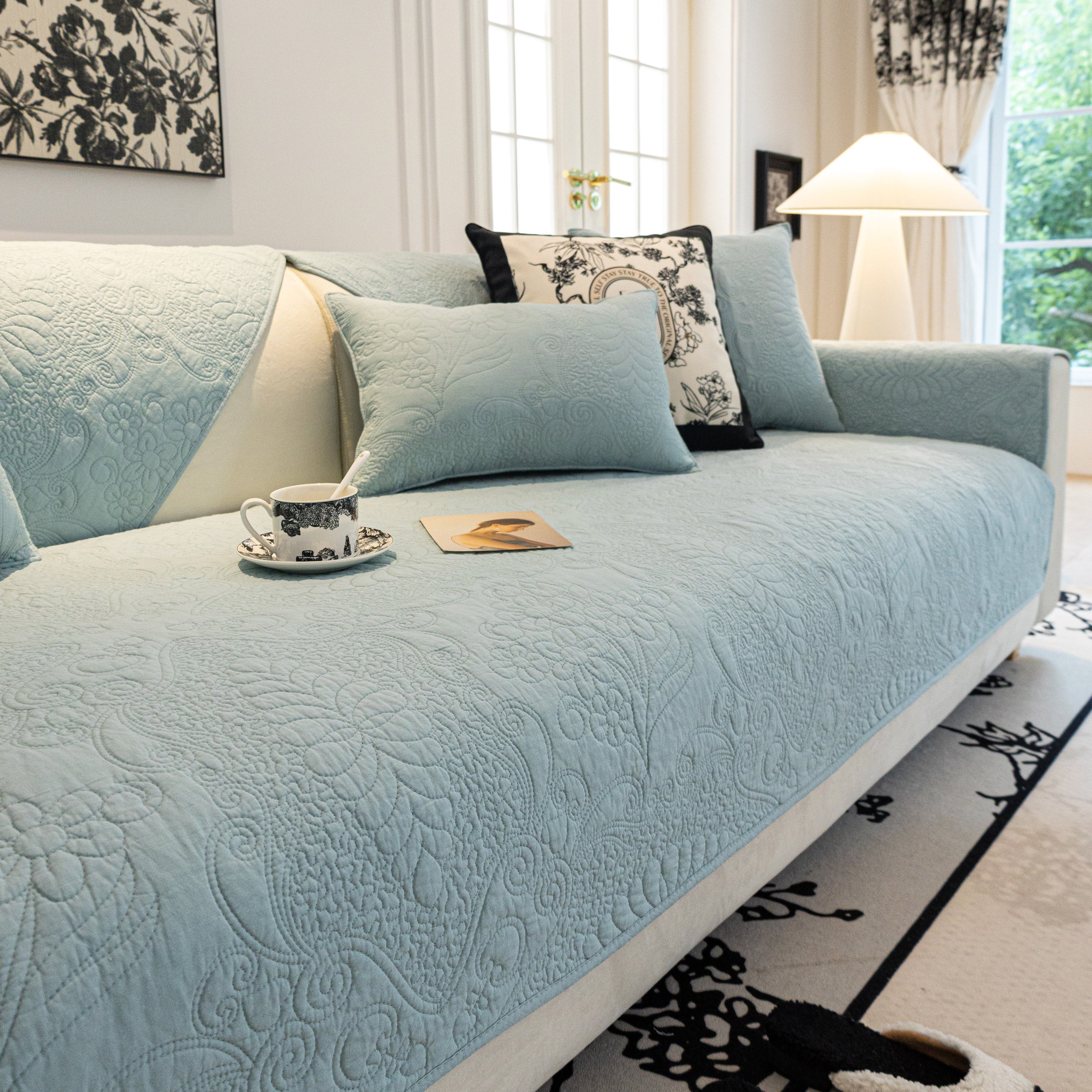 Baroque Floral Quilted Cotton Sofa Cover, Non-slip Washable Couch Protector