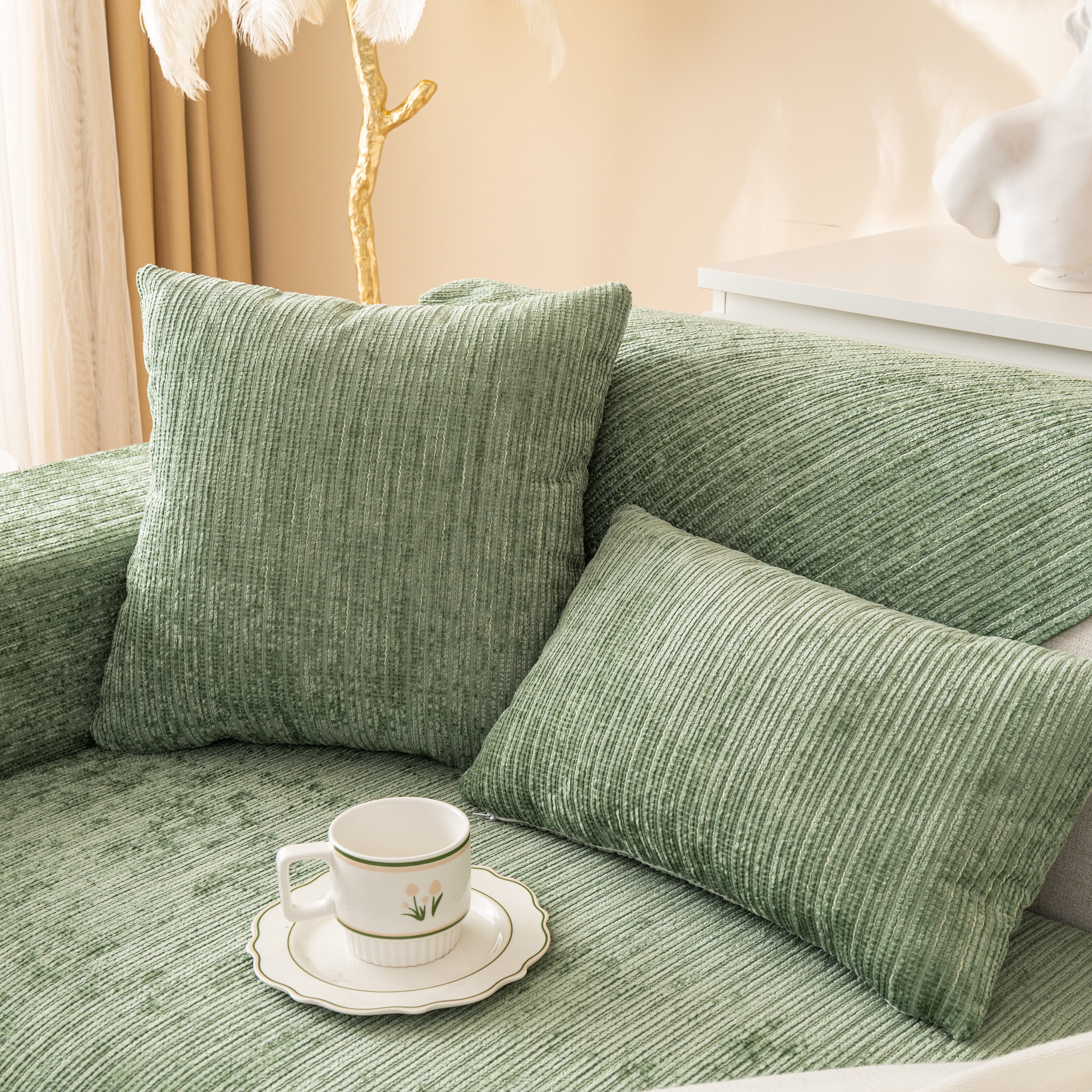 Plush Solid Color Striped L-shaped Sofa Slipcovers, Washable Non-slip Textured Furniture Covers
