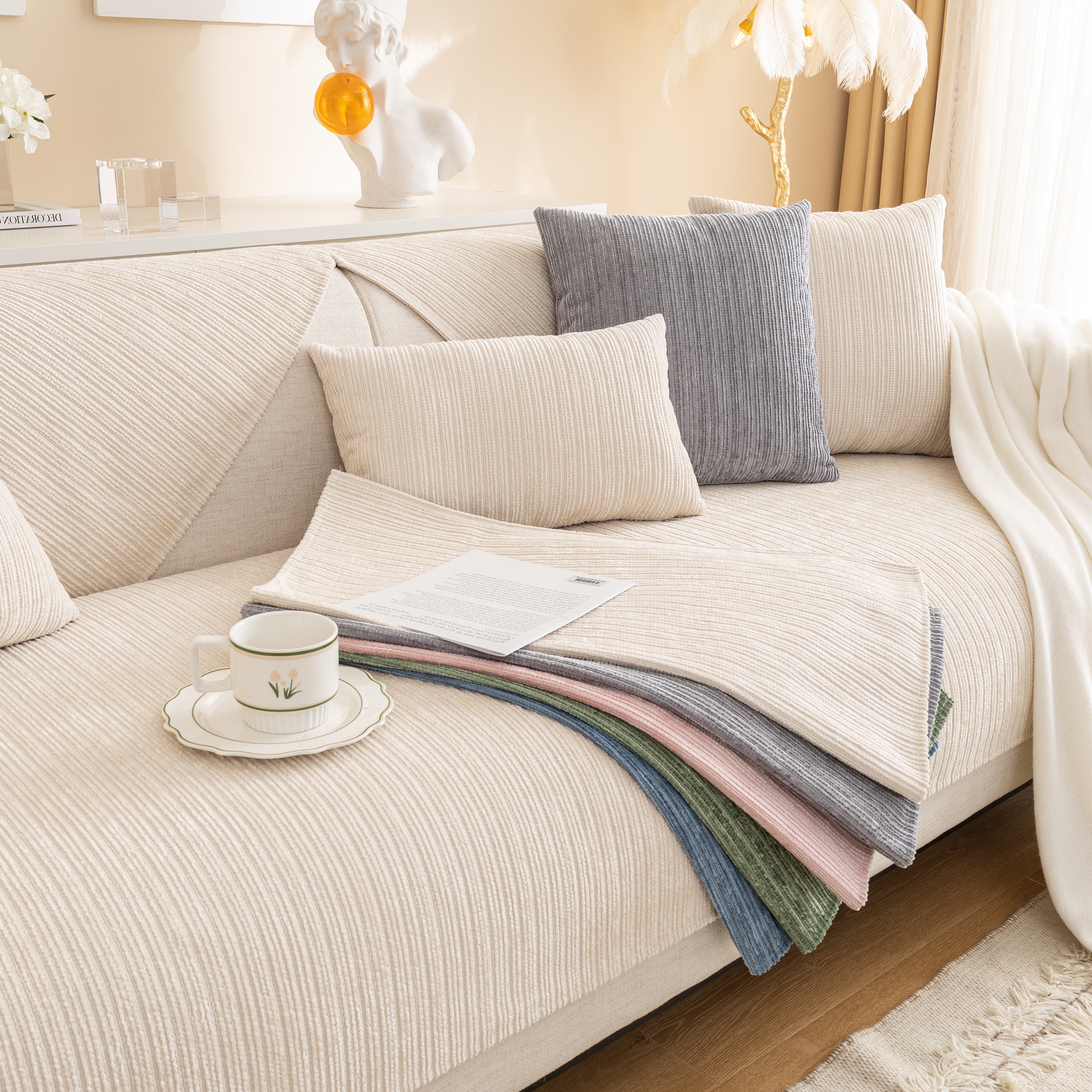 Plush Solid Color Striped L-shaped Sofa Slipcovers, Washable Non-slip Textured Furniture Covers