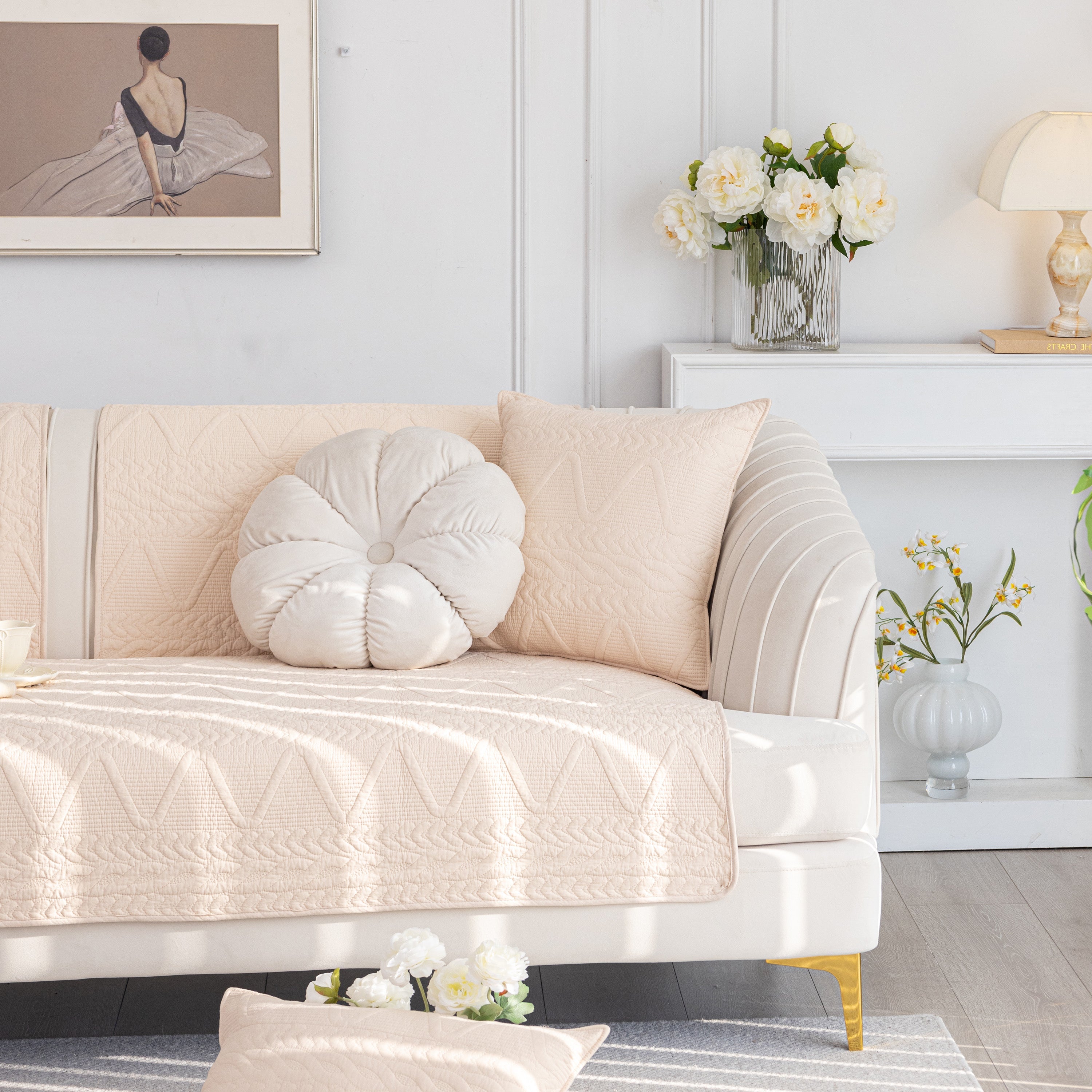 Geometric Textured Cotton Quilted Sofa Cover, Non-slip Washable Couch Protector