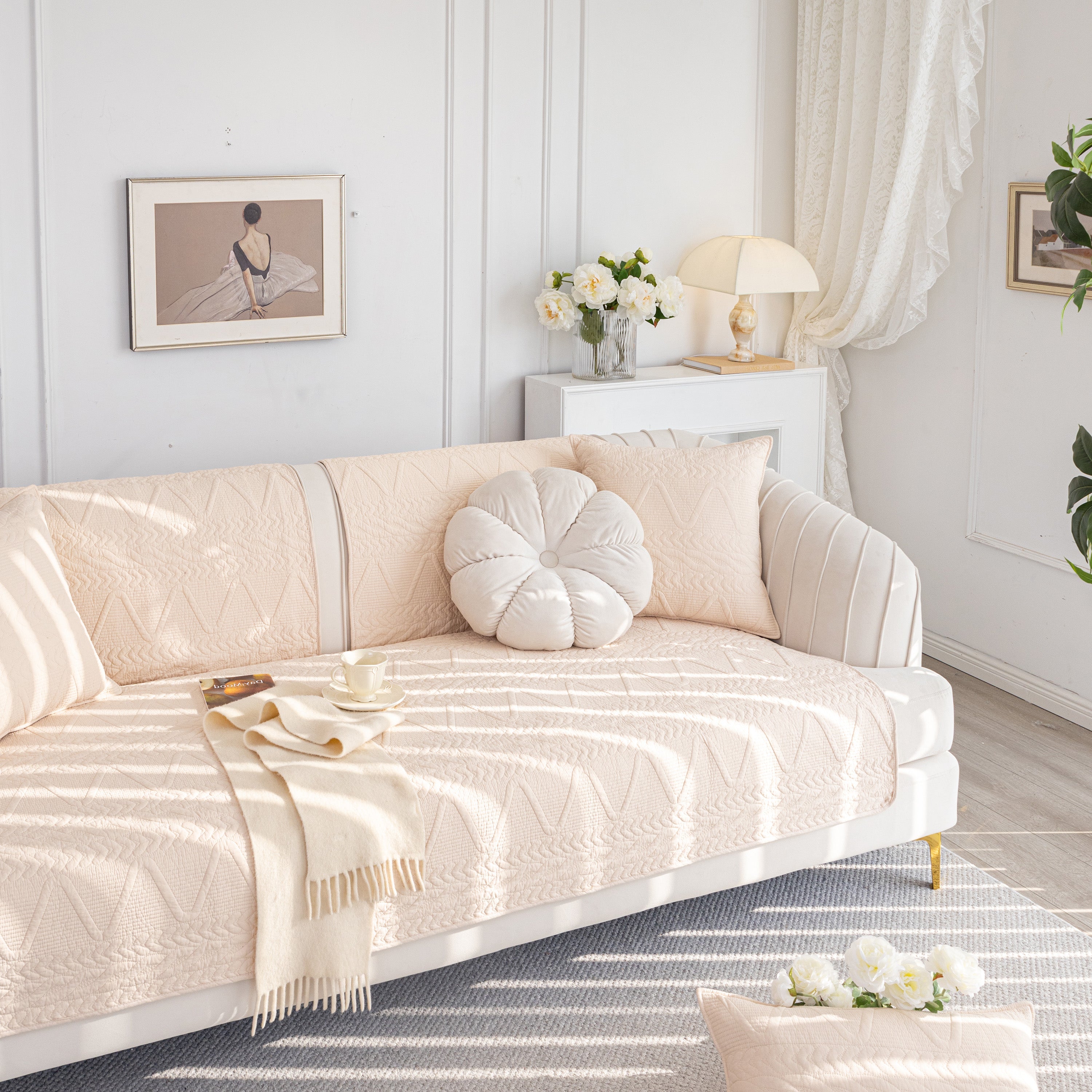 Geometric Textured Cotton Quilted Sofa Cover, Non-slip Washable Couch Protector