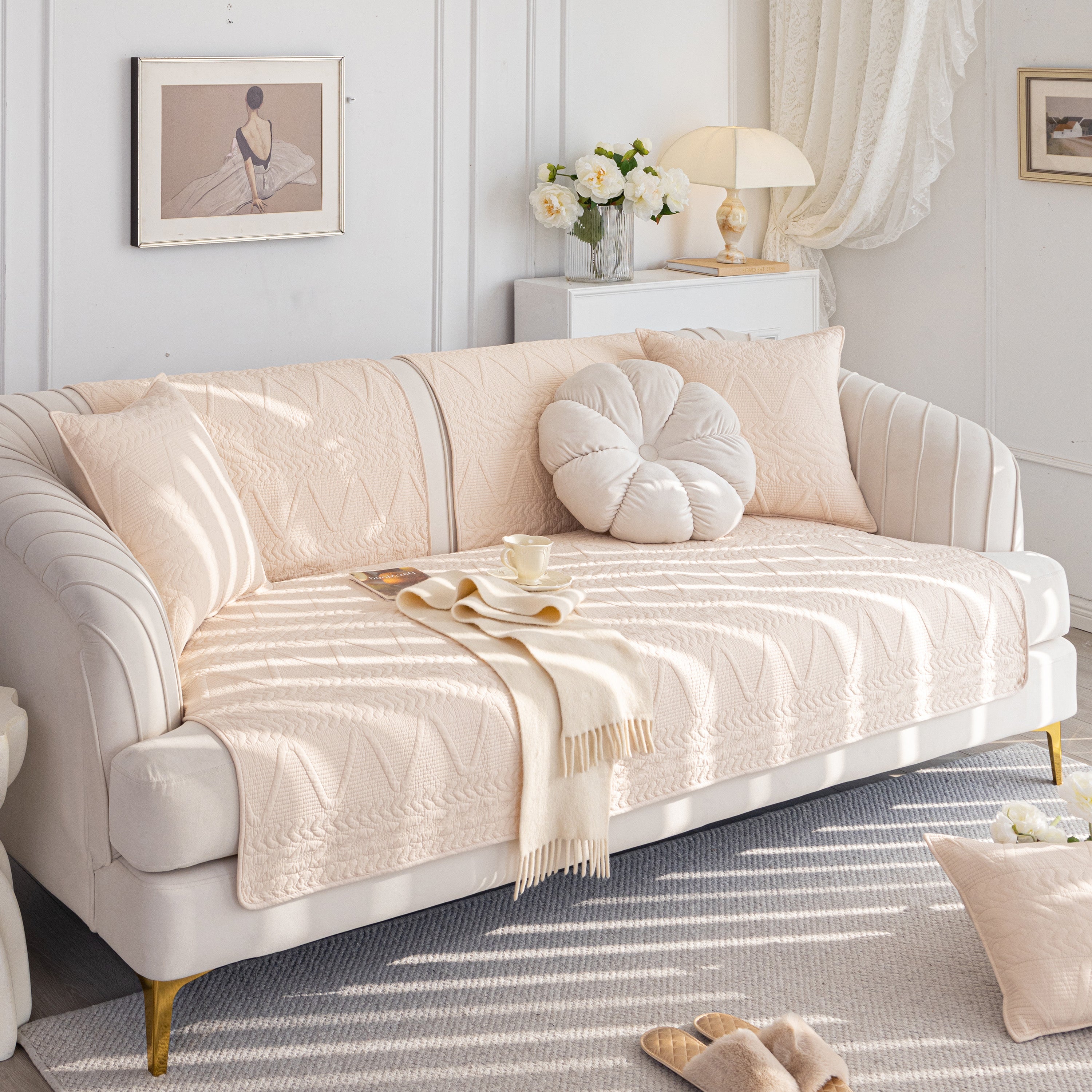 Geometric Textured Cotton Quilted Sofa Cover, Non-slip Washable Couch Protector