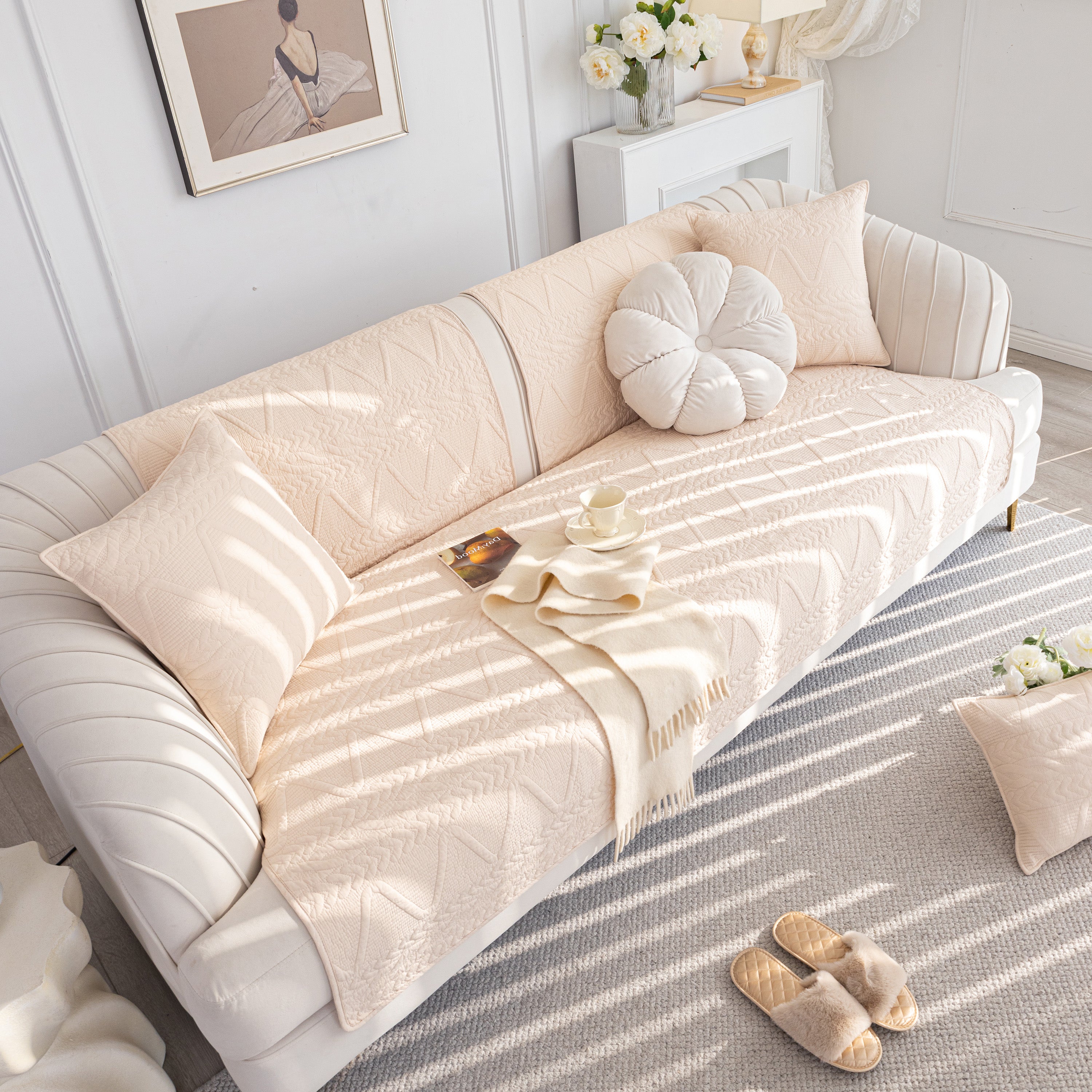 Geometric Textured Cotton Quilted Sofa Cover, Non-slip Washable Couch Protector