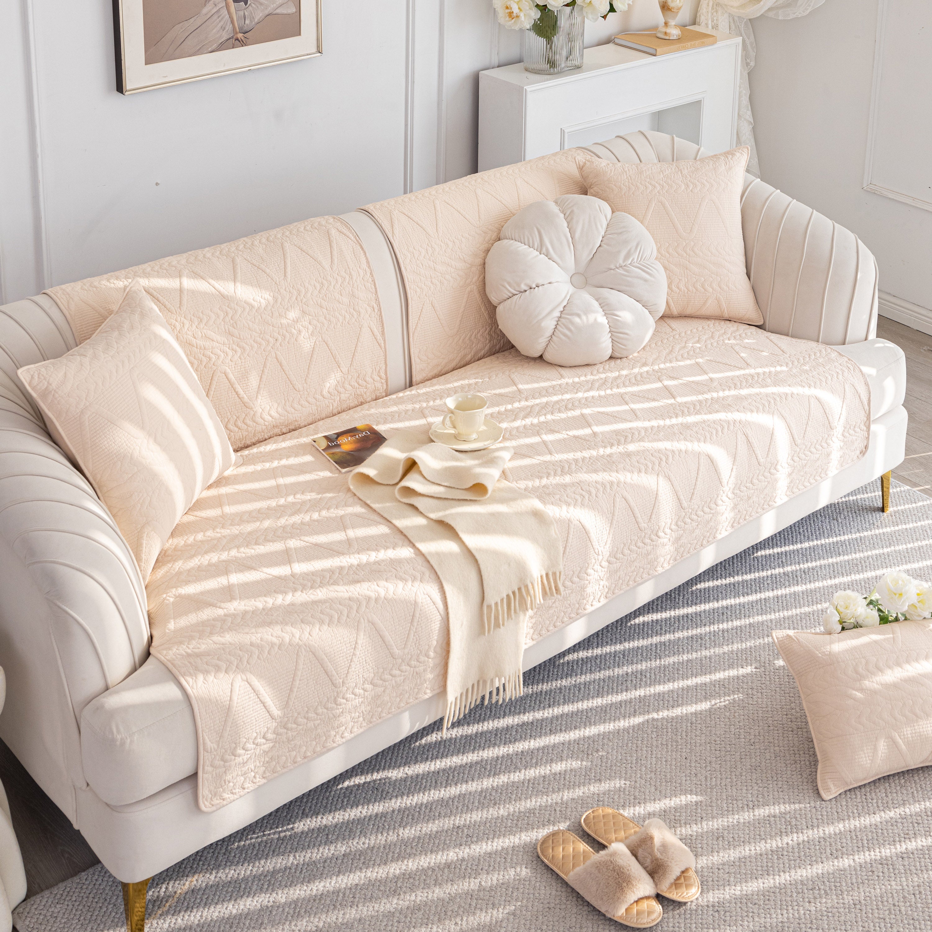Geometric Textured Cotton Quilted Sofa Cover, Non-slip Washable Couch Protector