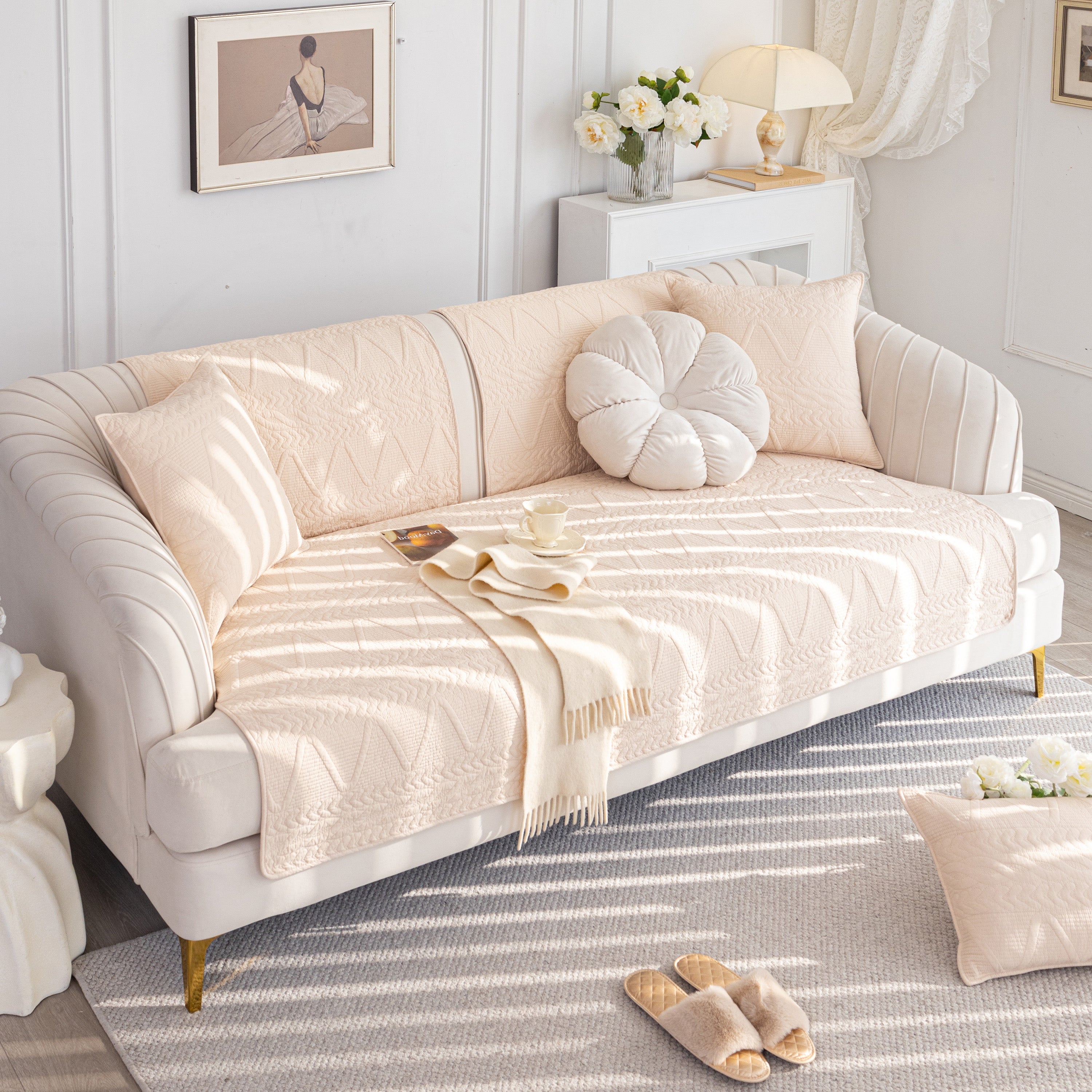 Geometric Textured Cotton Quilted Sofa Cover, Non-slip Washable Couch Protector