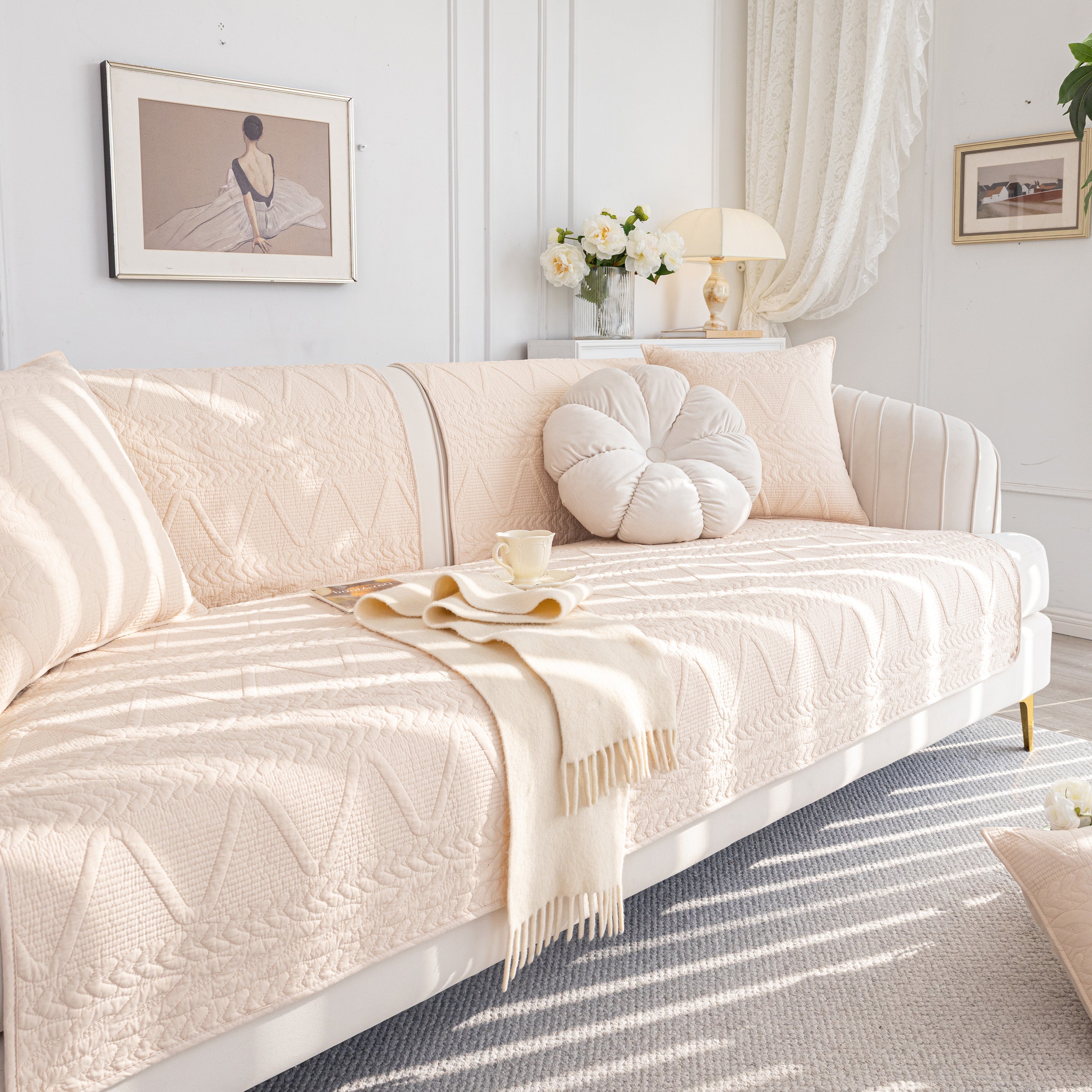 Geometric Textured Cotton Quilted Sofa Cover, Non-slip Washable Couch Protector