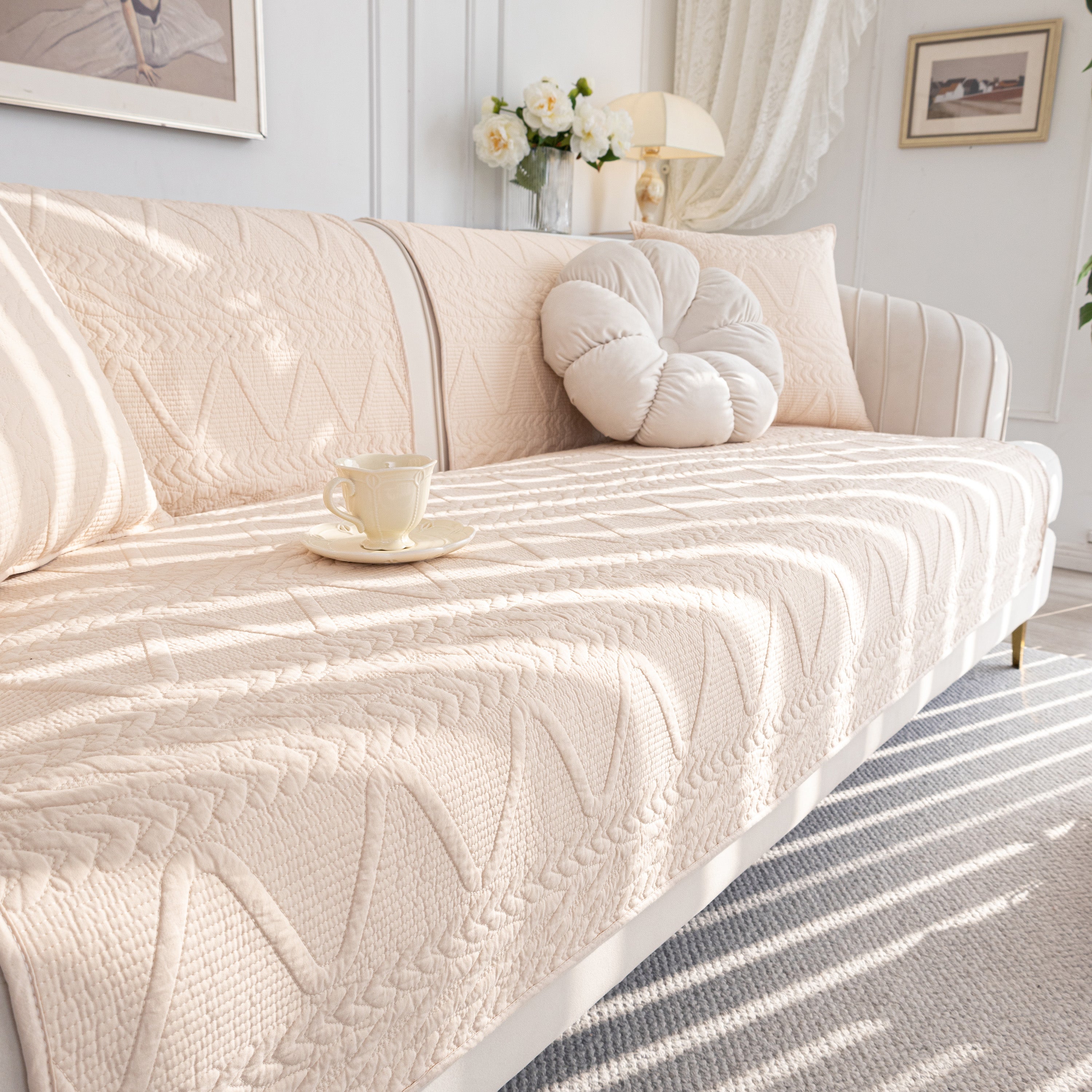 Geometric Textured Cotton Quilted Sofa Cover, Non-slip Washable Couch Protector
