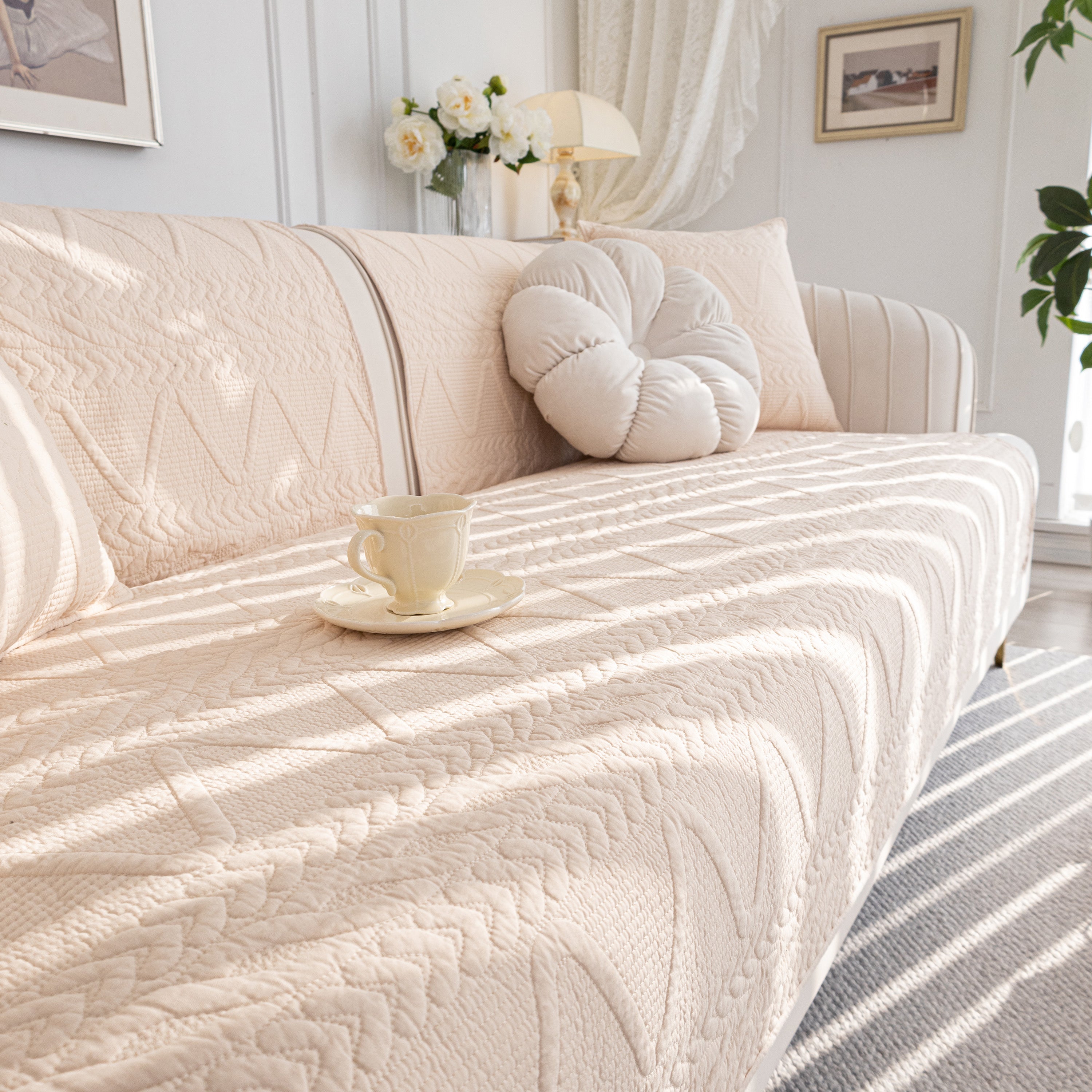 Geometric Textured Cotton Quilted Sofa Cover, Non-slip Washable Couch Protector