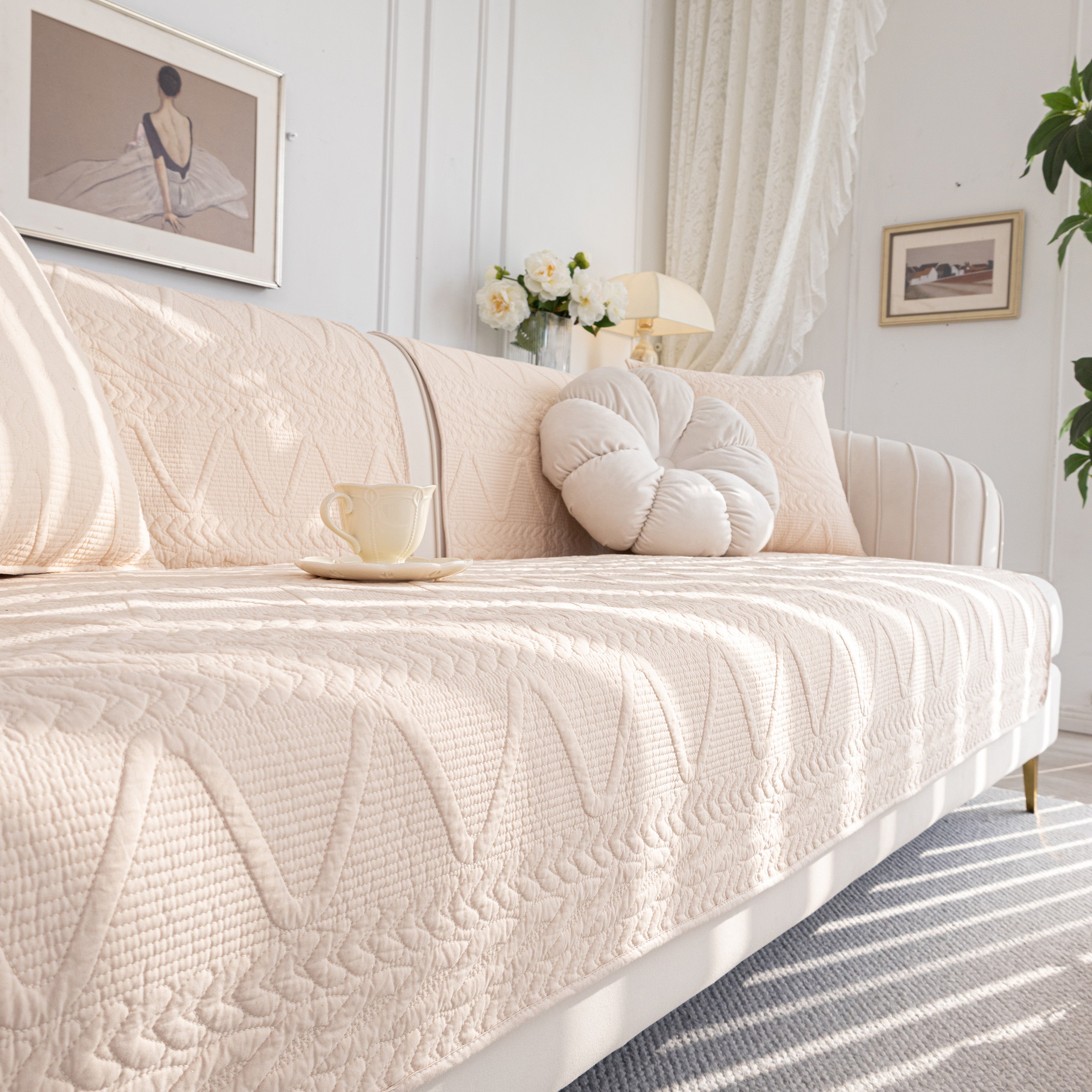 Geometric Textured Cotton Quilted Sofa Cover, Non-slip Washable Couch Protector