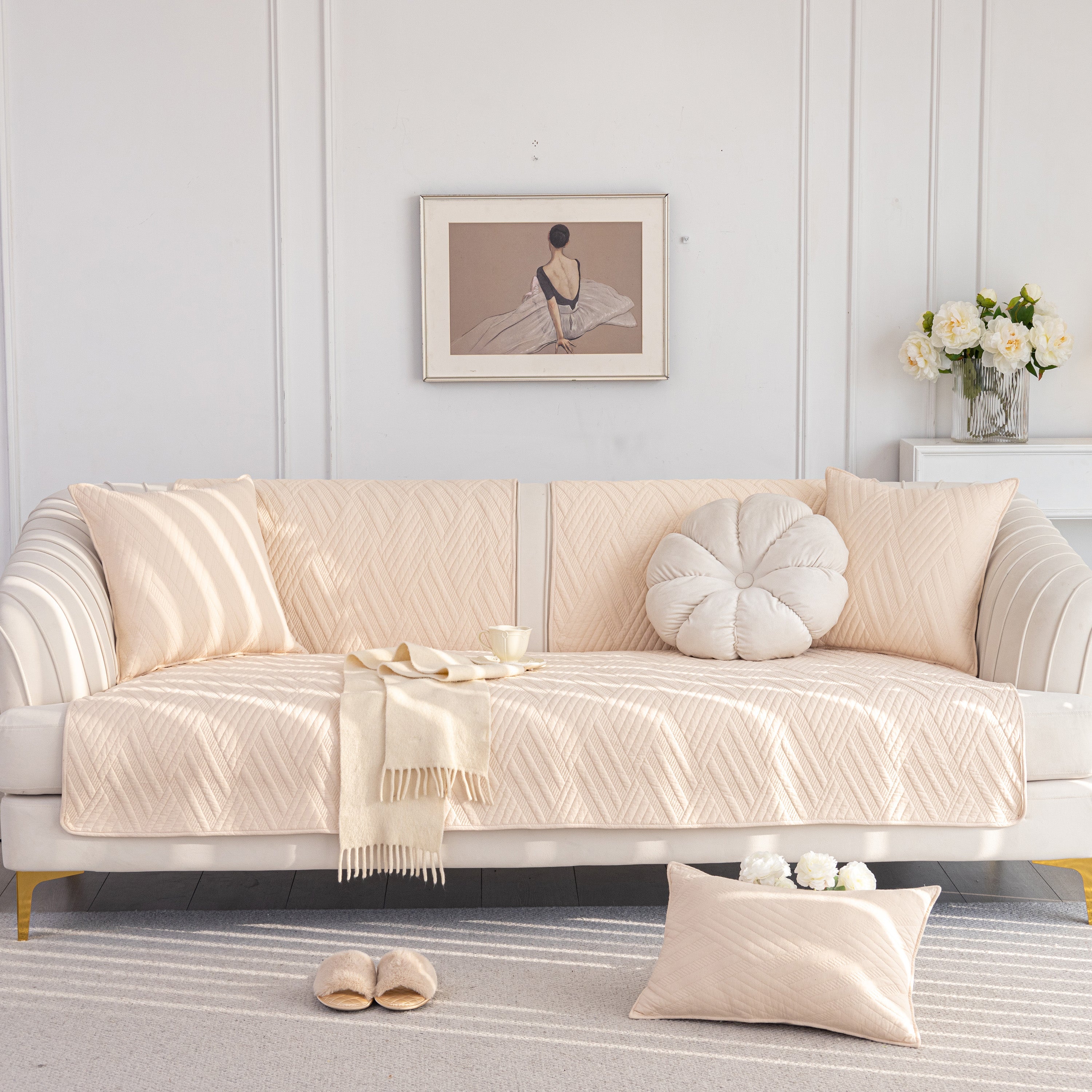 Quilted Geometric Cotton Sofa Cover, Non-slip & Thick Padded Furniture Covers