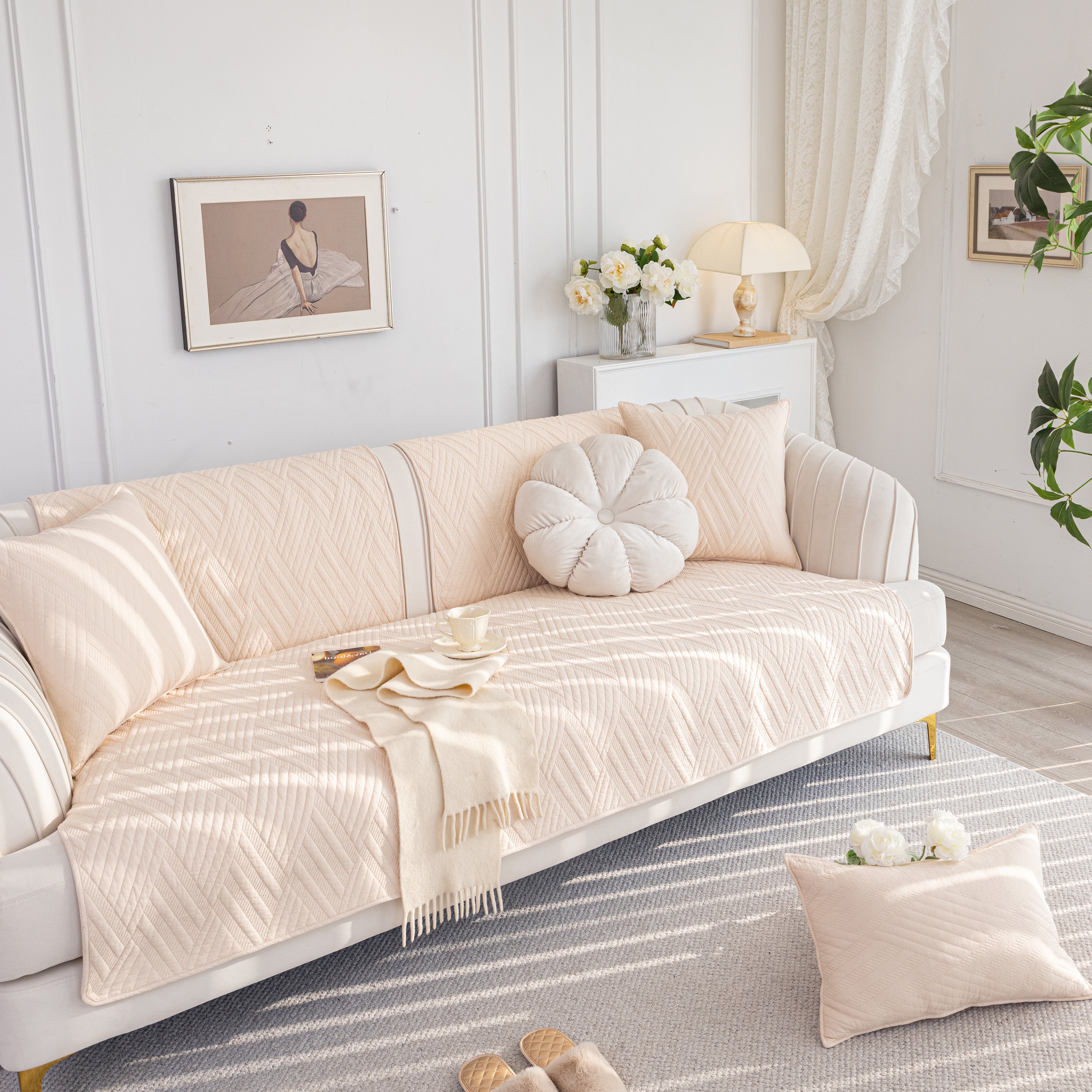 Quilted Geometric Cotton Sofa Cover, Non-slip & Thick Padded Furniture Covers