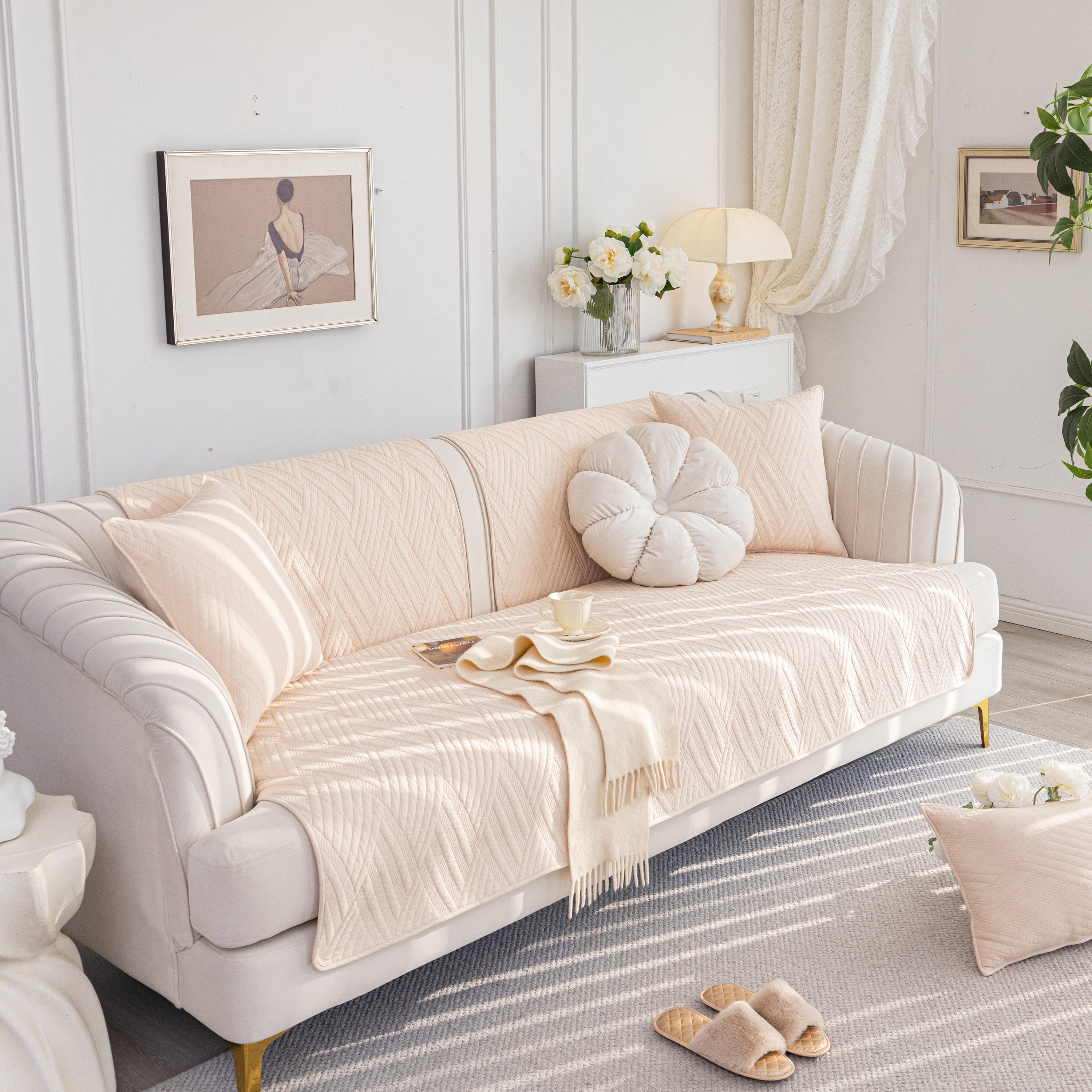 Quilted Geometric Cotton Sofa Cover, Non-slip & Thick Padded Furniture Covers