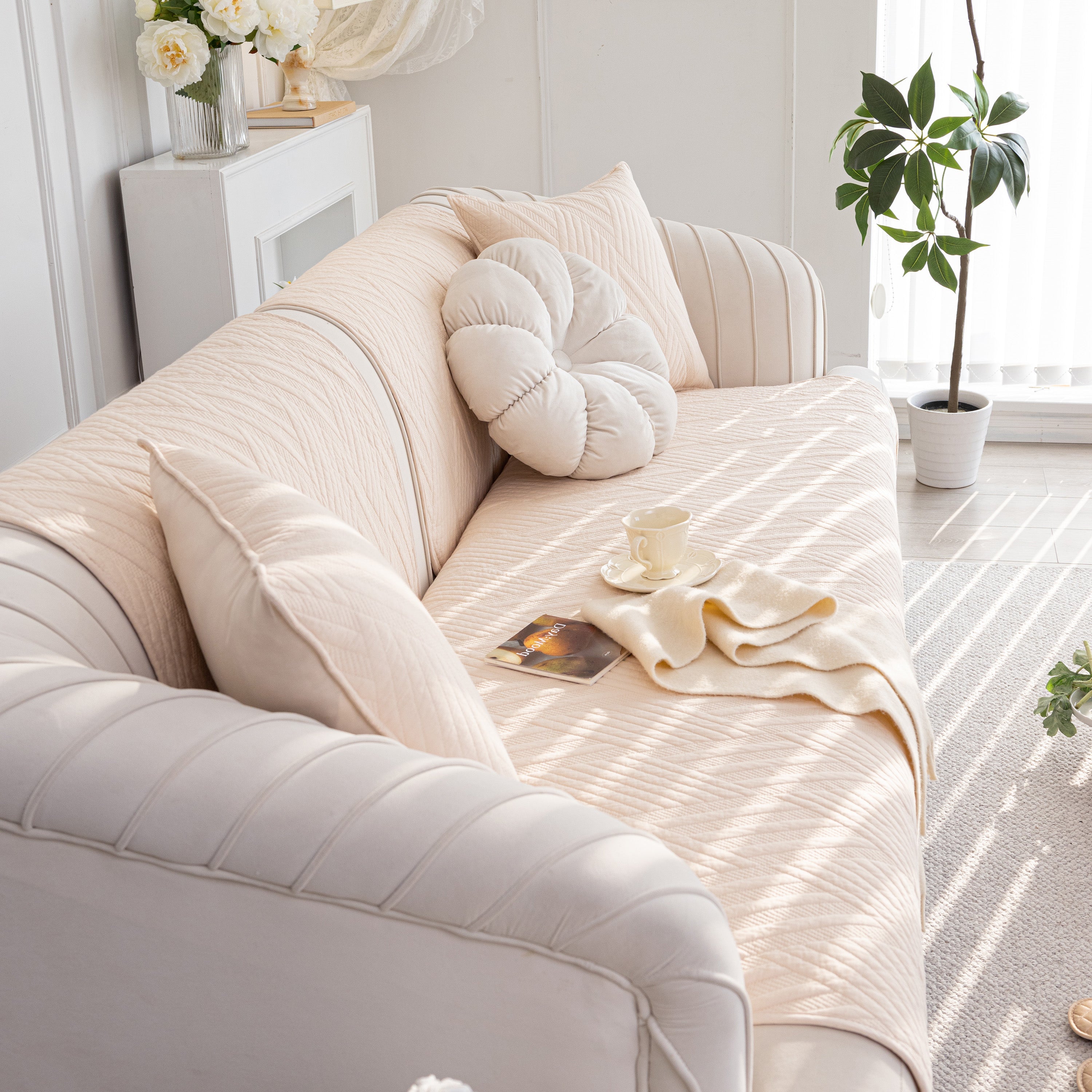 Quilted Geometric Cotton Sofa Cover, Non-slip & Thick Padded Furniture Covers