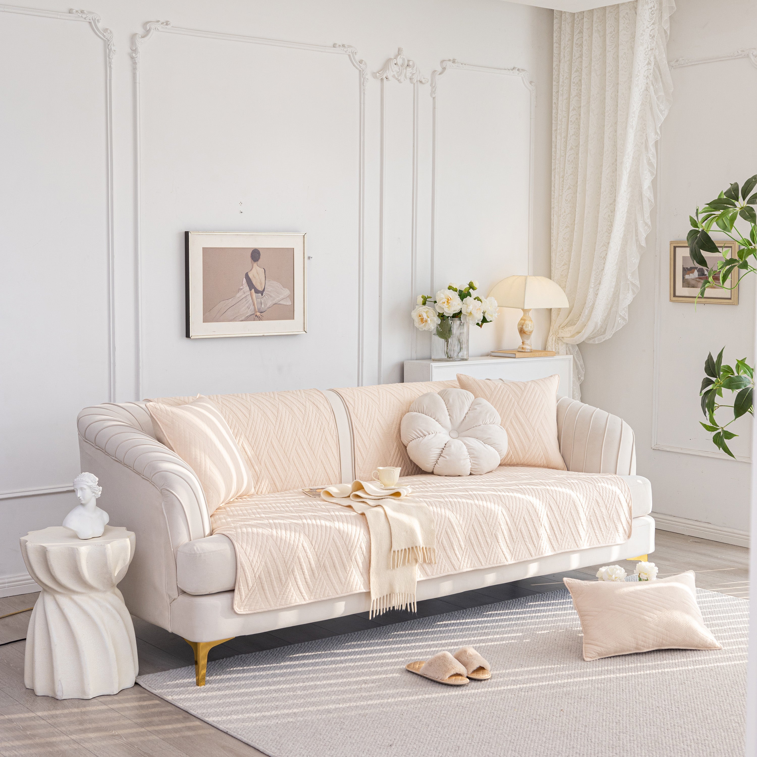 Quilted Geometric Cotton Sofa Cover, Non-slip & Thick Padded Furniture Covers