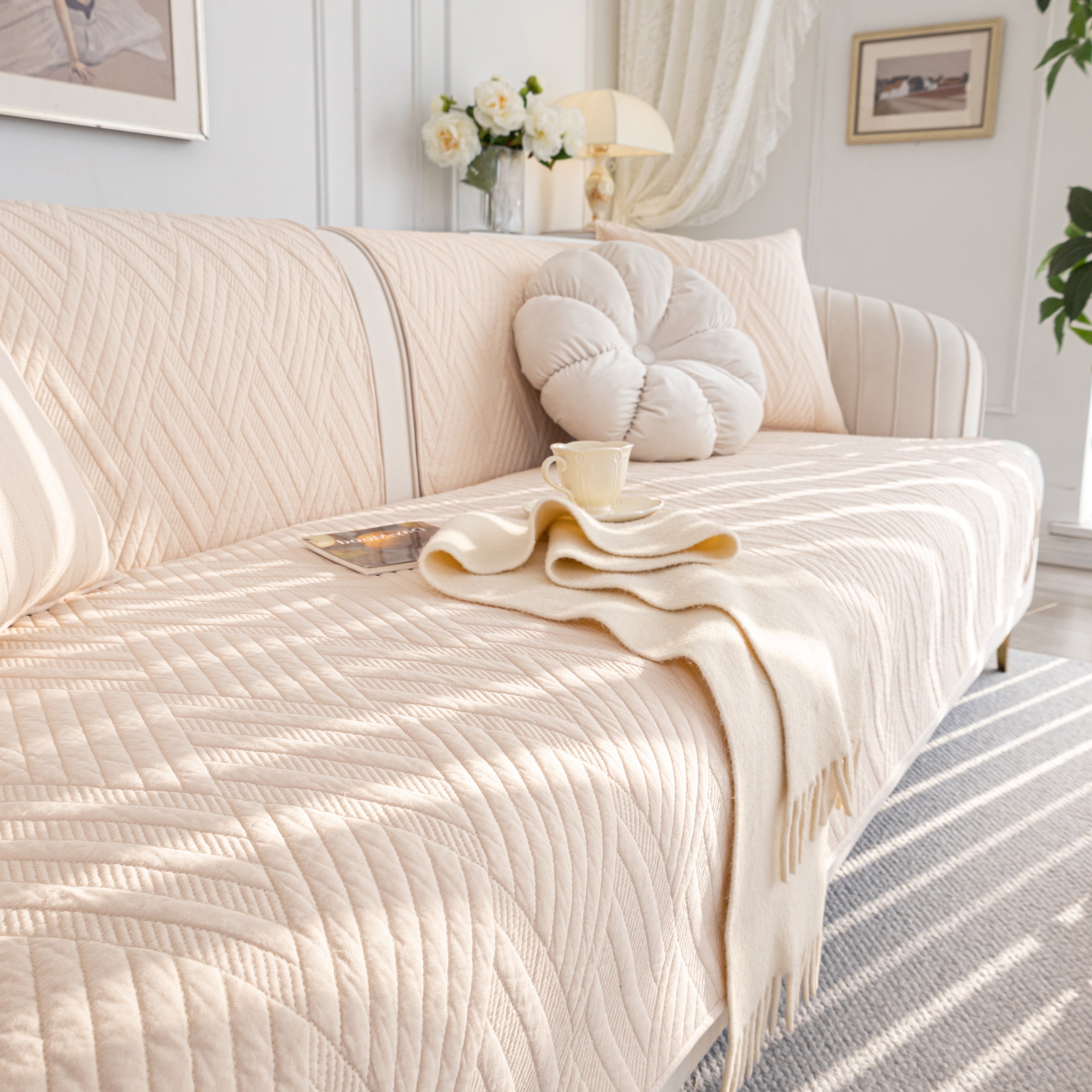 Quilted Geometric Cotton Sofa Cover, Non-slip & Thick Padded Furniture Covers